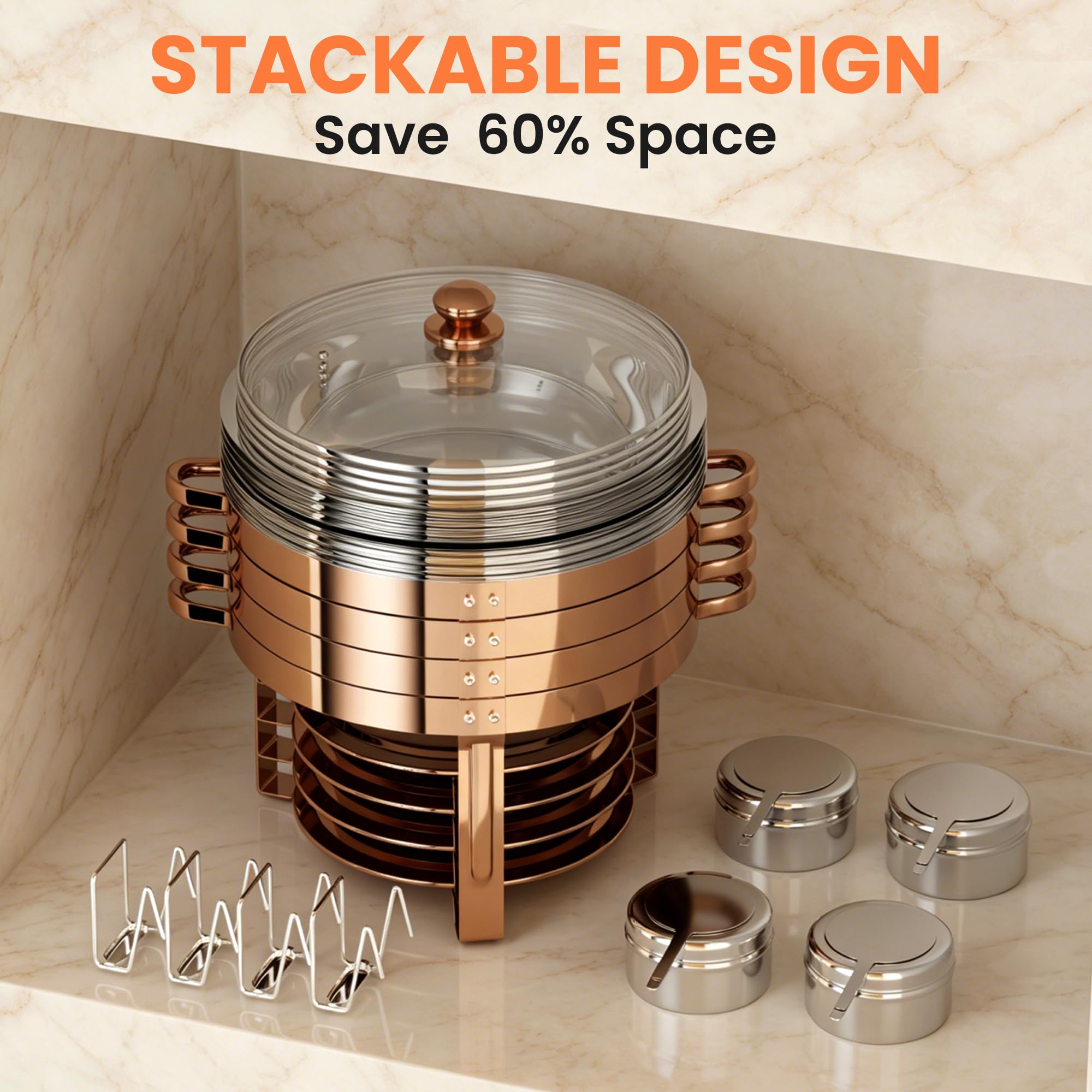 Confezione da 4 scaldavivande per buffet, rotondi in acciaio inox da 6,5 l, con coperchio in vetro, impilabili, per catering, feste, buffet, catering, eventi, cene
