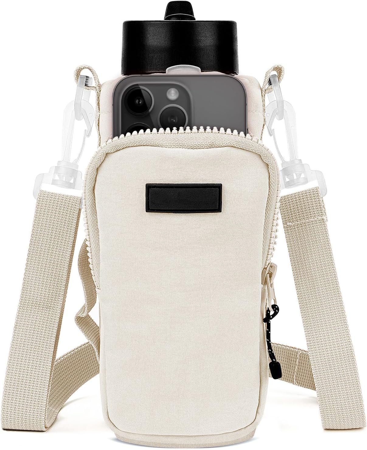 Linkidea Water Bottle Carrier with Strap Compatible with YETI Rambler Bottle 18oz/26oz, Owala FreeSip 24oz/32oz, Waterbottle Sling Bag Holder, Shoulder Strap with Phone Pocket (Beige)