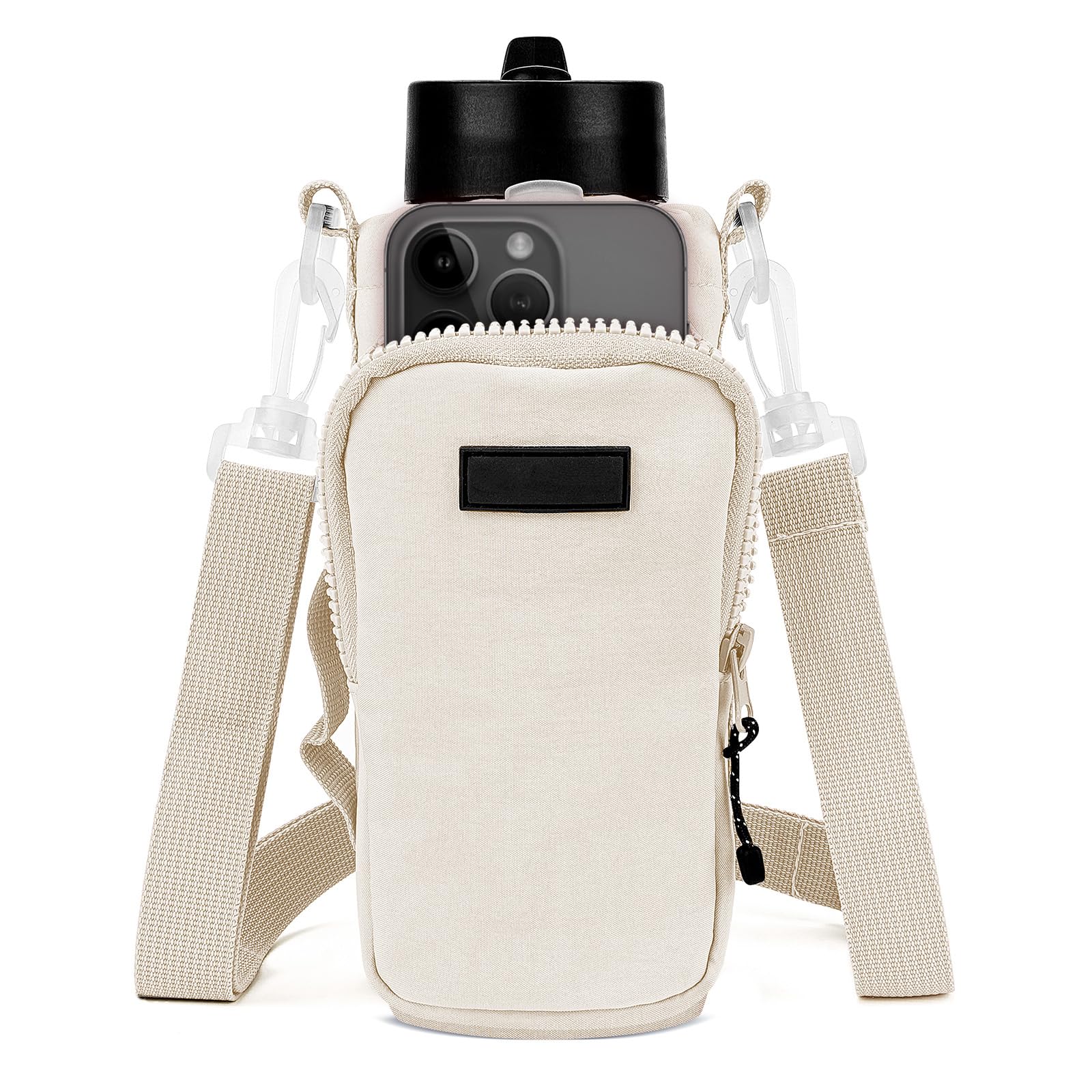 Linkidea Water Bottle Carrier with Strap Compatible with YETI Rambler Bottle 18oz/26oz, Owala FreeSip 24oz/32oz, Waterbottle Sling Bag Holder, Shoulder Strap with Phone Pocket (Beige)