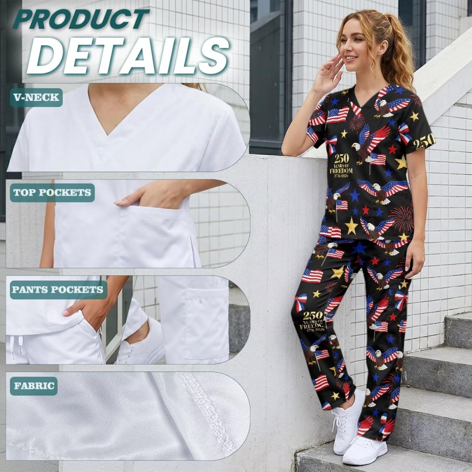 250th Anniversary USA Scrubs Set Women with Tall Scrub Pants Eagle American Flag Scrub Tops for Women Medical Assistant Essentials
