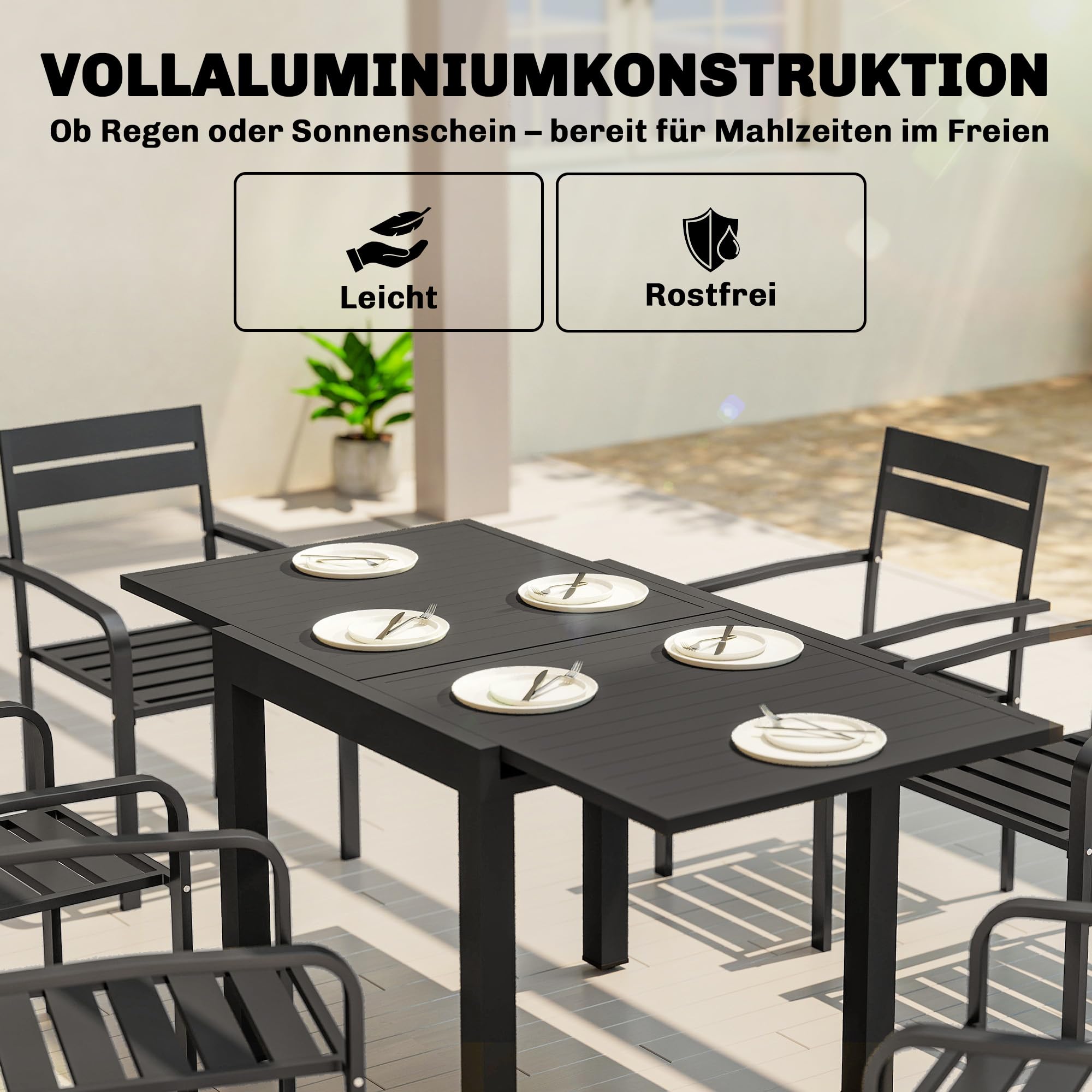Outsunny Gartentisch Ausziehbar für 4-6 Personen 80/160 x 80 cm Schwarz | Aluminium Esstisch, Rechteckiger Balkontisch mit Lamellenplatte, Wetterfest, für Garten Balkon Terrasse