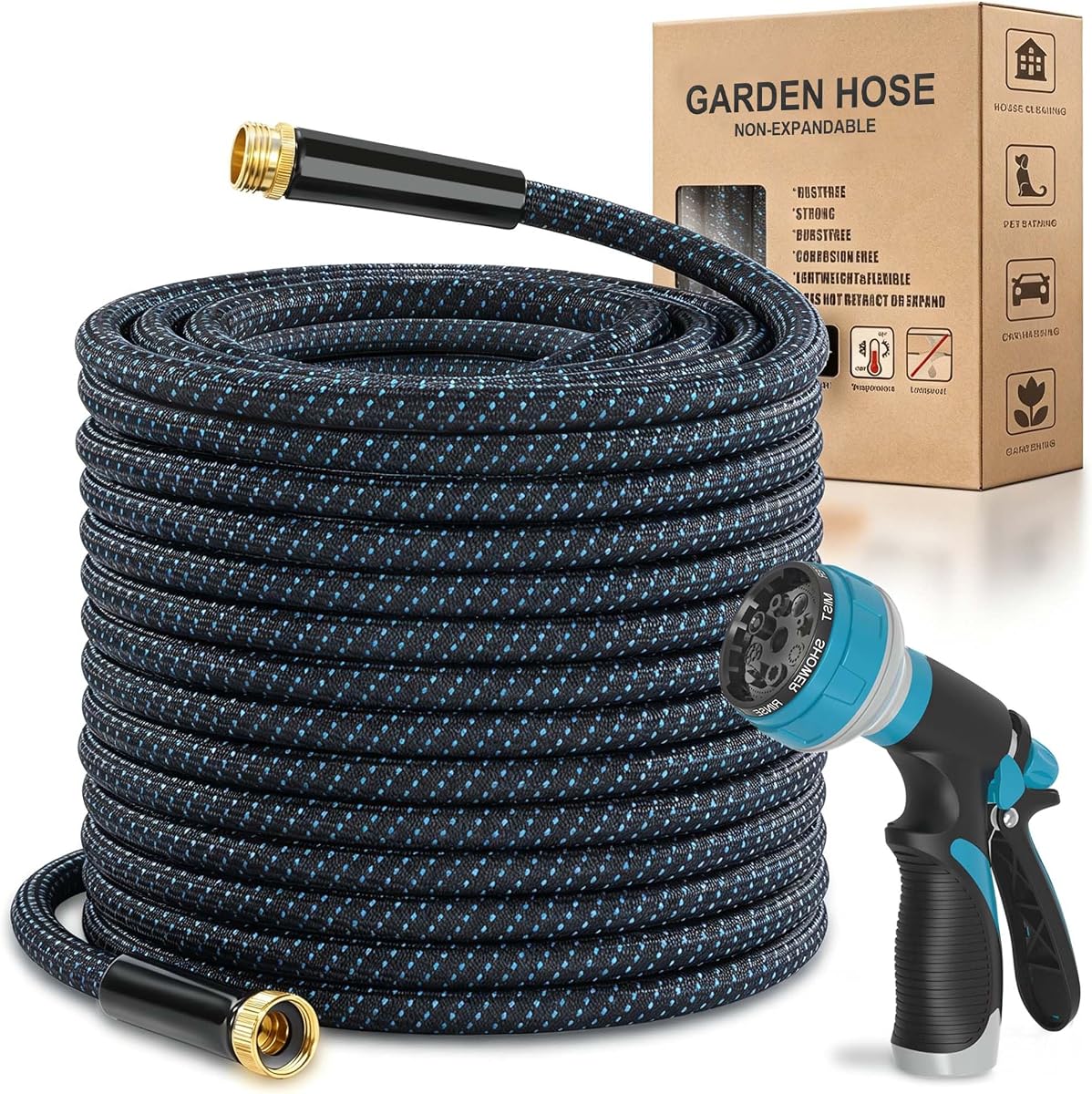 50ft Garden Hose, Flexible Water Hose with 10-Function Nozzle, Lightweight, Kink-Free, Wear-Resistant Outdoor Hose, 3/4" Rustproof Fittings for Yard, Car Wash, Pet