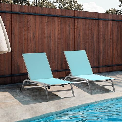 Miniatura 7 de Domi - Juego de 2 sillas de piscina, tumbonas ajustables de aluminio para exteriores con ruedas, sillas de patio, para todo tipo de clima, para