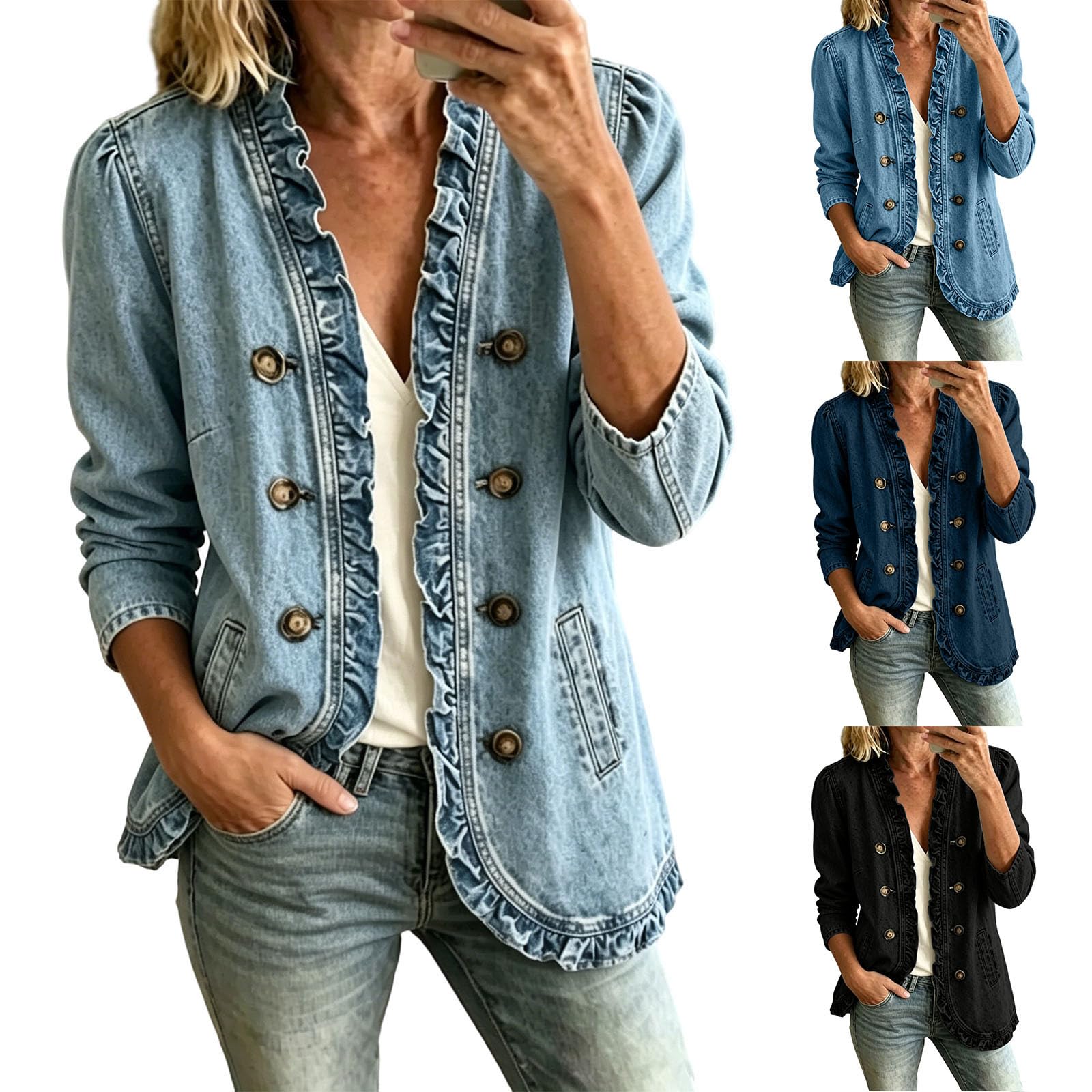Jeansjacke Damen Oversize Strickjacke Lässige Übergangsjacke Elegant Damen-Jacken Übergang Strickjacken Freizeit Jeans Jacken Casual Herbstmantel Denim Damenstrickjacke Mode Oberbekleidung S-3XL