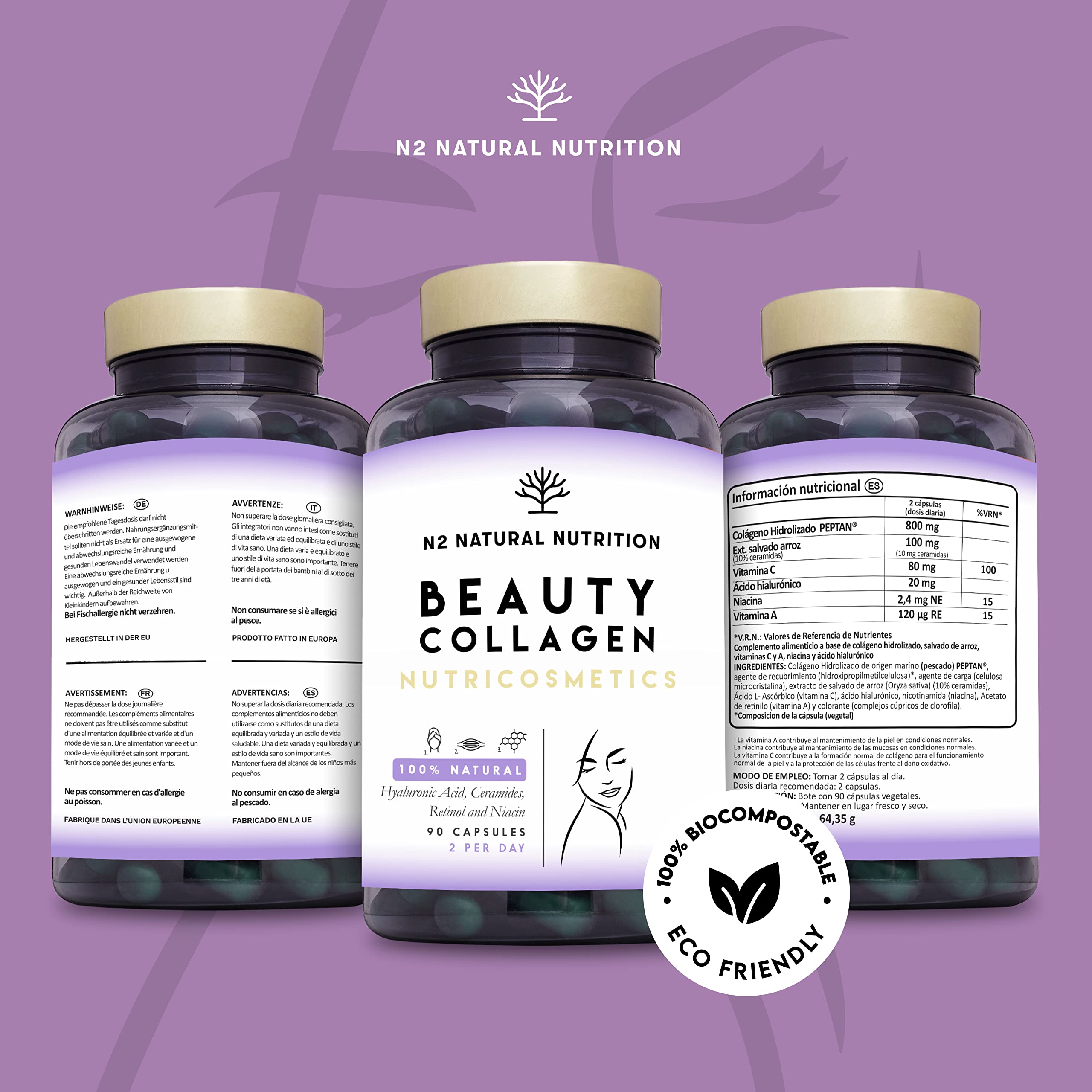 Colageno Hidrolizado con Retinol, Acido Hialuronico, Ceramidas y Niacina. Piel Sana e Hidratada. 90 Cápsulas vegetales. Barrera Natural. Con Vitamina C. CE. N2 Natural Nutrition