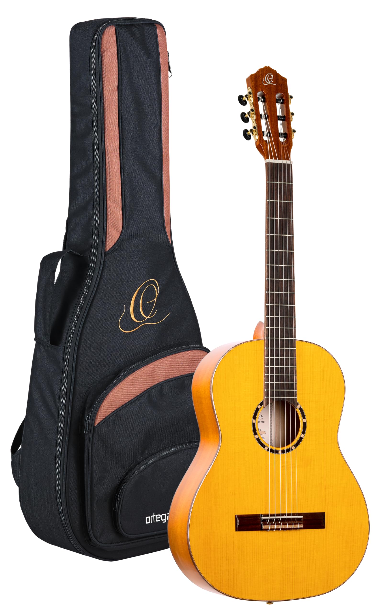 Ortega Guitars Family Series Pro - Guitarra de concierto flamenco 4/4 (pícea y ciprés, acabado brillante, incluye funda R170F)