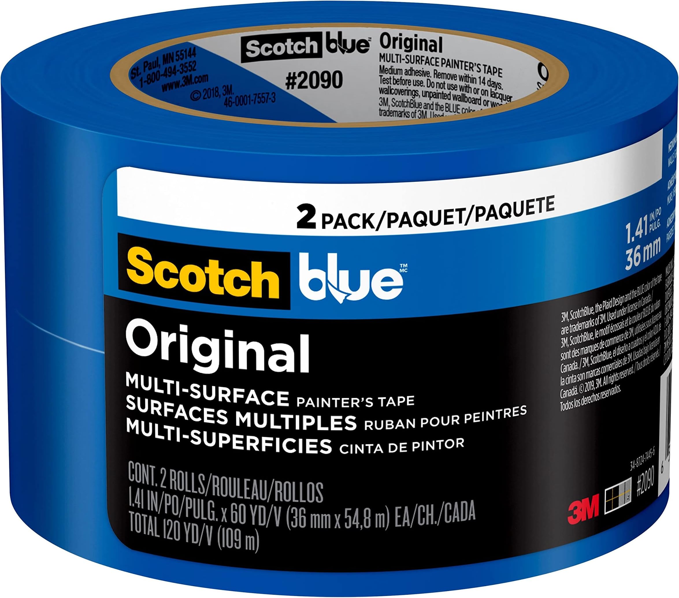 ScotchBlue Original Multi-Surface Painters Tape, 1.5 Inch Wide (1.41 In. x 60 Yds) 2 Rolls, Blue Paint Tape Protects Surfaces and Removes Easily, Masking Tape for Indoor and Outdoor Use (2090-36CC2)