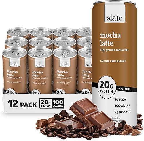 Slate Milk - High Protein Iced Coffee - Mocha Latte - 175mg Caffeine, Lactose Free Energy - 20g Protein, 1g Sugar, 100 Calories, 3g Net Carbs, No Sugar Added - Protein Coffee - 11 fl oz, 12 Cans
