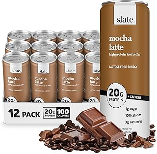 Slate Milk - High Protein Iced Coffee - Mocha Latte - 175mg Caffeine, Lactose Free Energy - 20g Protein, 1g Sugar, 110 Calories, 3g Net Carbs, No Sugar Added - Protein Coffee - 11 fl oz, 12 Cans