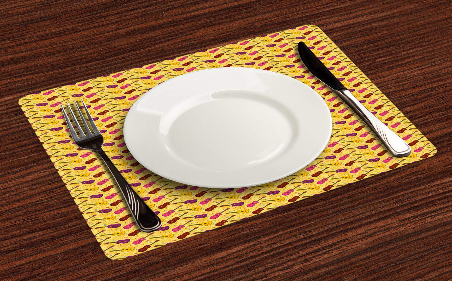 ABAKUHAUS Chitarra Tovaglietta Americana Set di 4, Strumenti Musicali e Note, Tovagliette in Tessuto Lavabile per Tavolo da Pranzo Cena, Senape e Multicolore