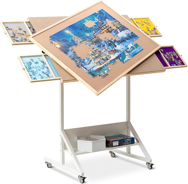 Becko US 1500 Pieces Tilting & Rotating Puzzle Table with Drawers & Cover, Foldaway & Portable Puzzle Board with Tilt & Height Adjustments, Easy to Move, for 1500 Pieces Jigsaw Puzzles