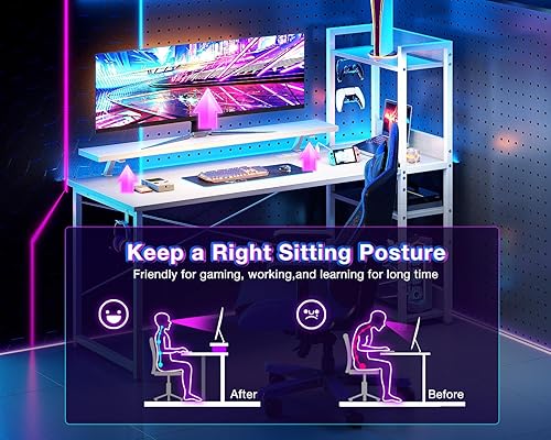 Miniatura 7 de ODK Escritorio reversible para juegos de 55 pulgadas con puerto de carga USB y tomas de corriente, escritorio para computadora con estantes de