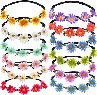 Bememo 12 Pack Daisy Flower Crown Headbands - Hippie Floral Wreath for Women Girls Festivals Weddings Parties (Classic Colors)
