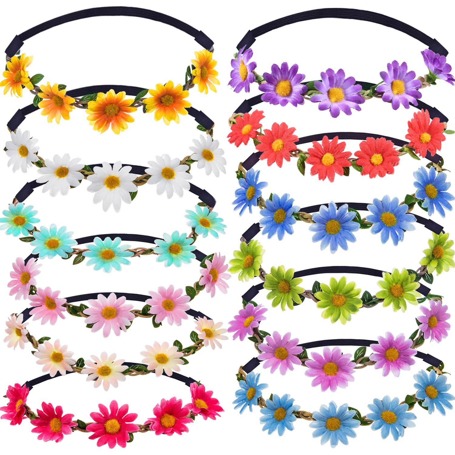 Bememo 12 Pack Daisy Flower Crown Headbands - Hippie Floral Wreath for Women Girls Festivals Weddings Parties (Classic Colors)