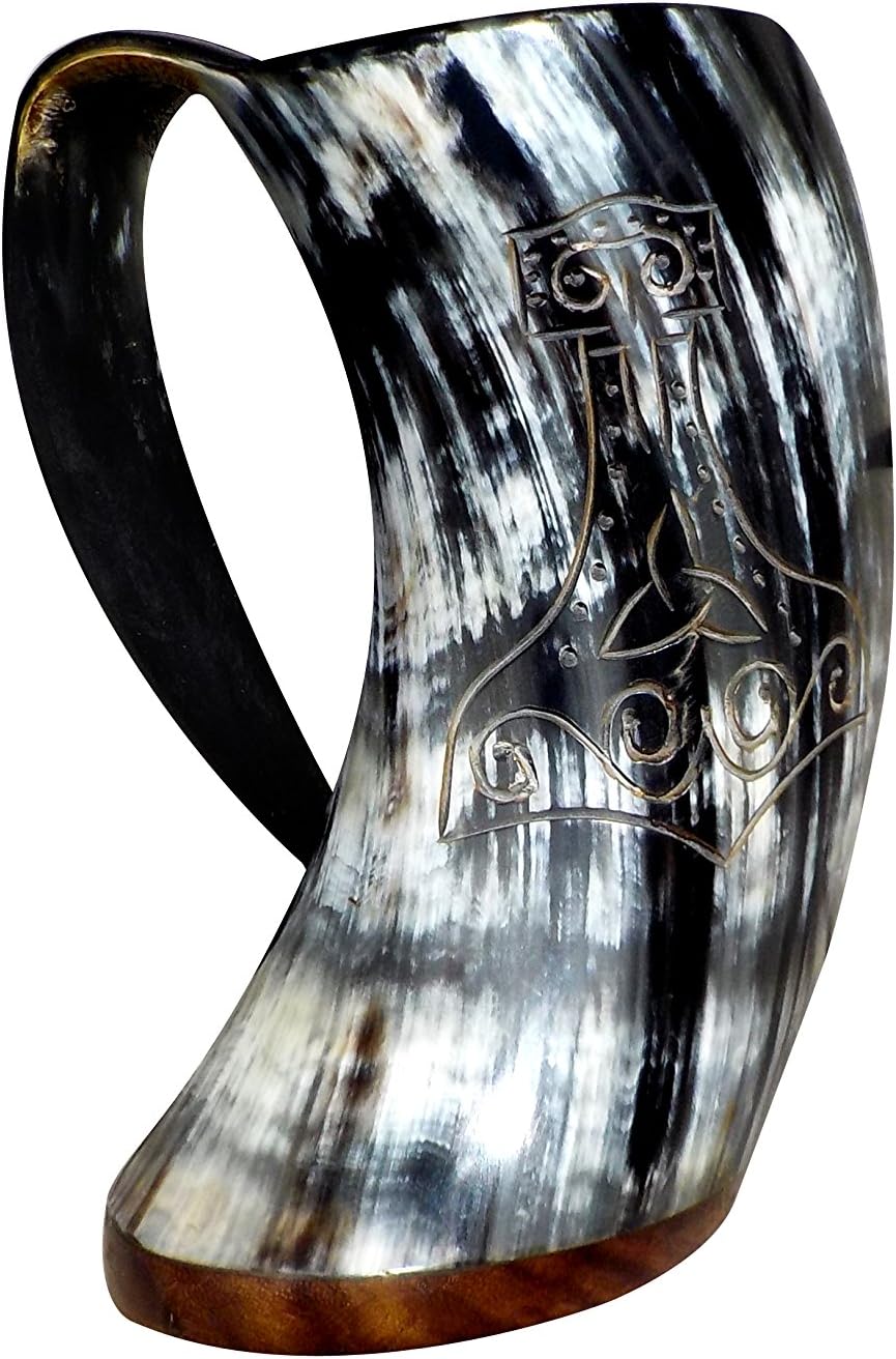 28 Oz XL Vikings Hand Crafted Natural Drinking Glass With Thor's hammer engraving - Medieval replicated Mug - Rose wood bottom - Horn Tumbler holds approx. 1.5 pints of Ale or liquid of your choosing