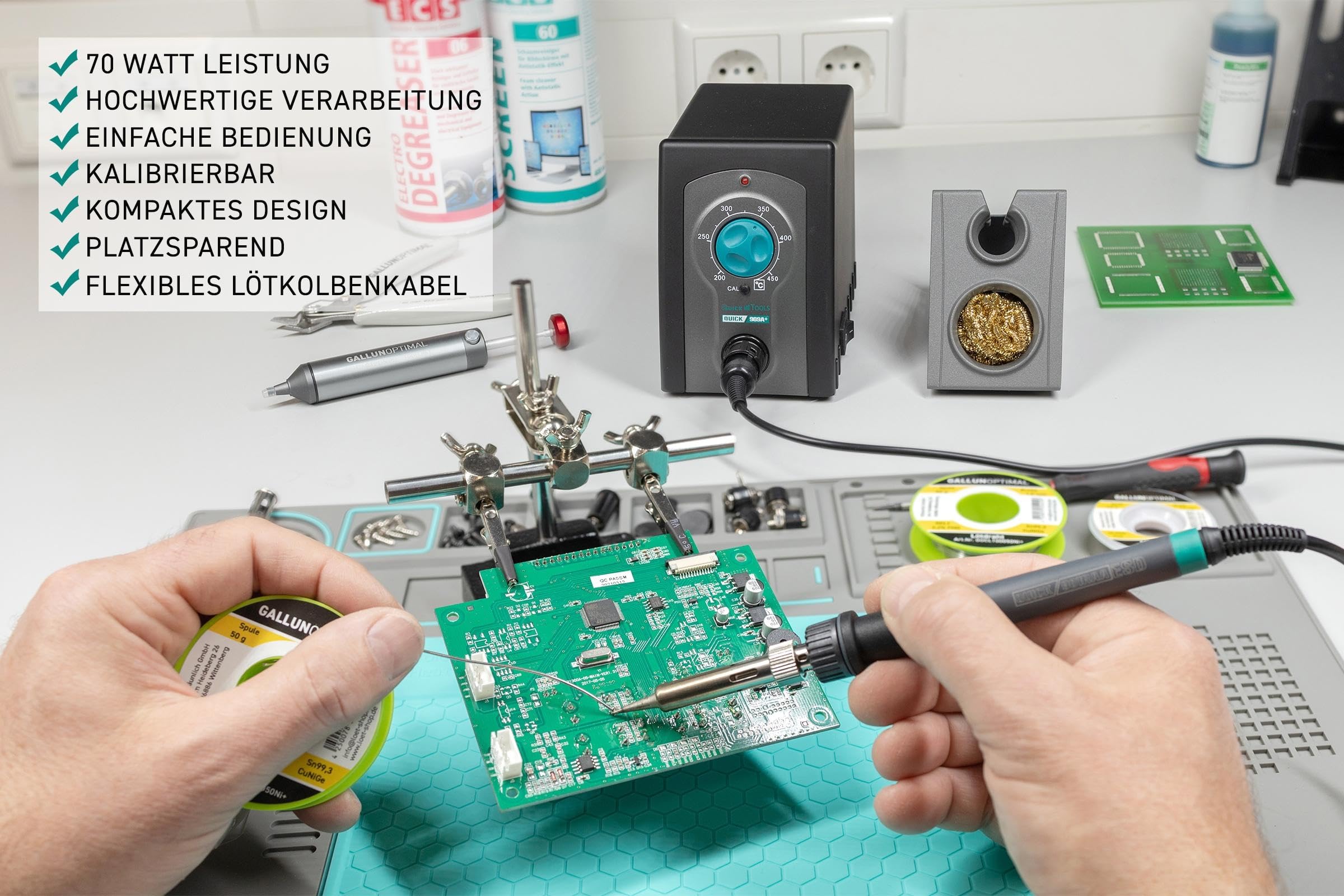 QUICK Stazione saldatrice industriale analogica 969A+, 70 W, temperatura di lavoro regolabile da 200 a 450 °C, calibrabile, set con supporto e punta di saldatura da 0,5 mm, per saldatura senza piombo