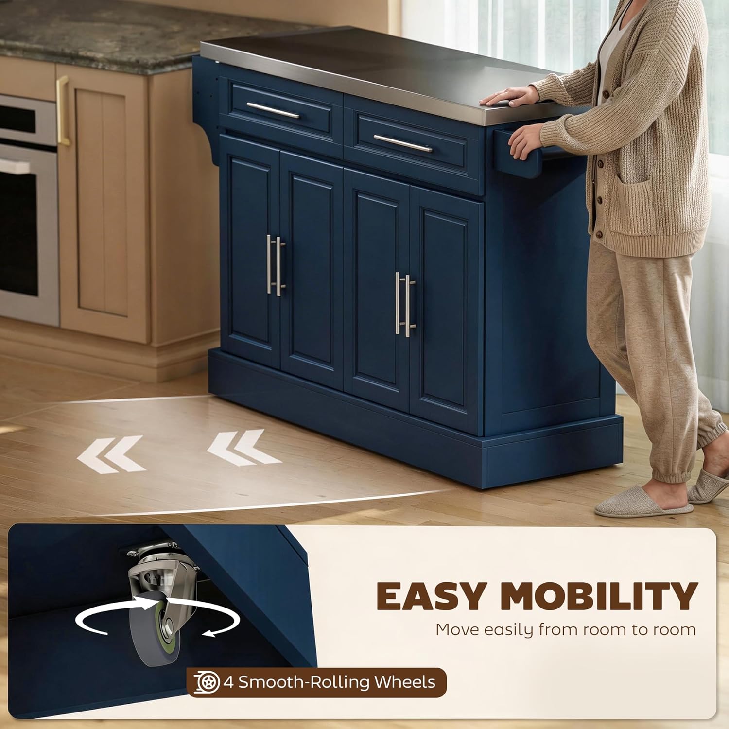 HOMCOM Rolling Kitchen Island Cart with 47" Stainless Steel Top, Portable Island Table for Kitchen with Wheels, Adjustable Shelves, 2 Drawers, Spice, Knife and Towel Rack, Navy Blue