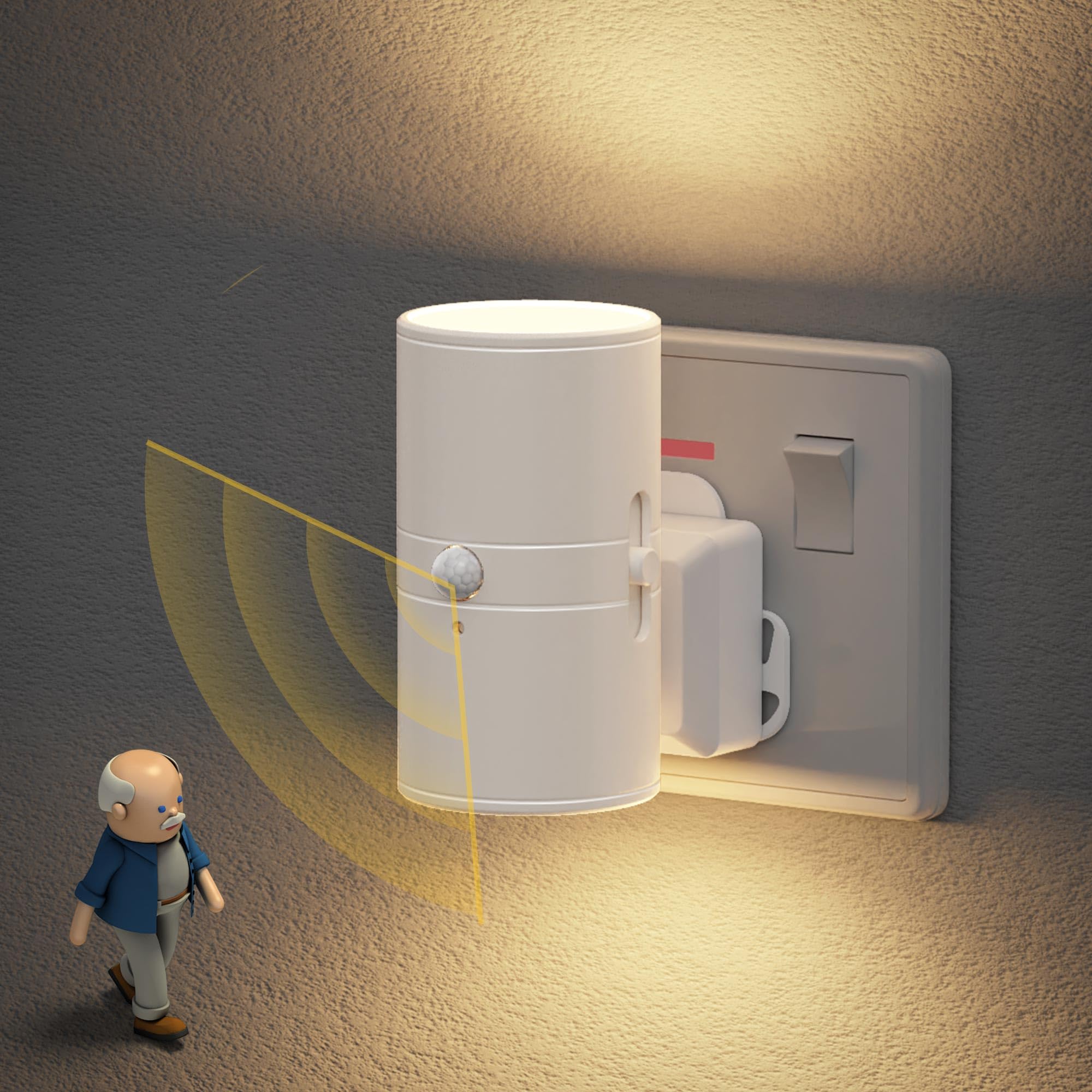 JandCase Motion Sensor Night Light Plug in Wall, Plug in Night Light, ON/Off/AUTO Lighting Mode, Warm White, Dimmable 0-100LM