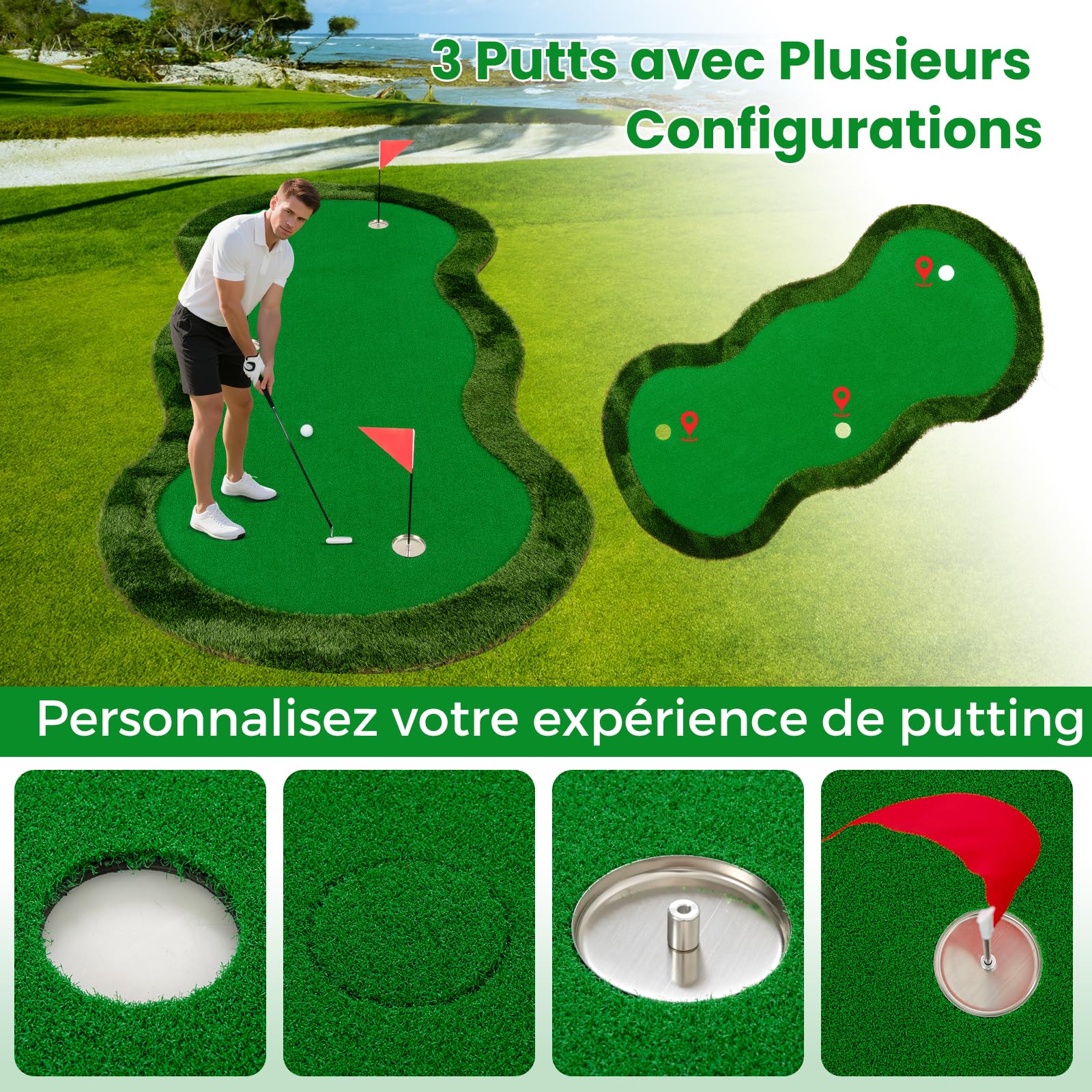 GOPLUS Tapis de Putting Golf avec 3 Trous, Couvercles de Trous, Tapis d’Entraînement de Golf Professionnel avec Gazon Synthétique, Gobelets, Balles, Intérieur & Extérieur