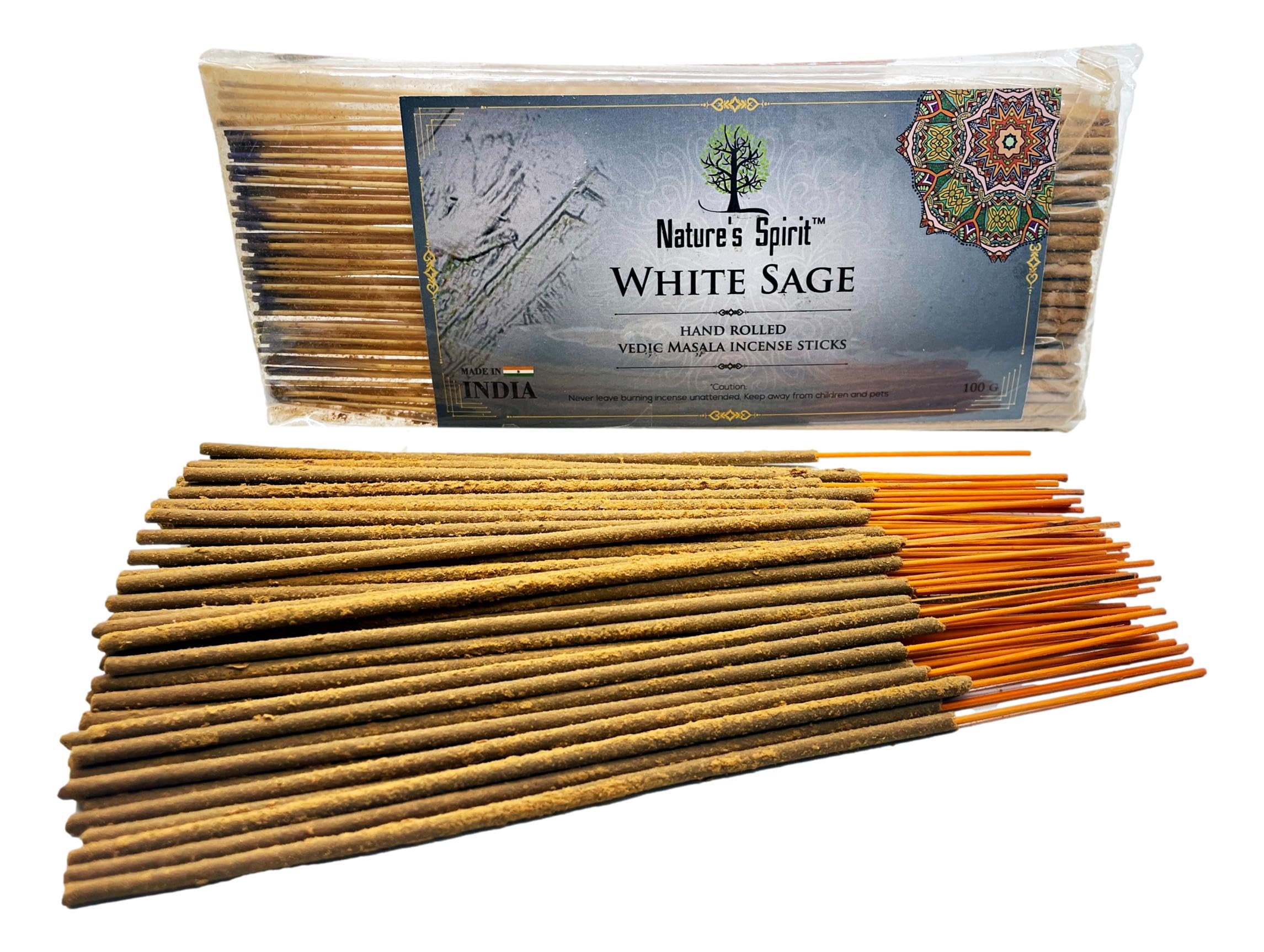Vedic Masala Hand Rolled Incense Sticks 100g Pack Traditional Indian Joss Sticks Long Burning Natural Aromatherapy Incense for Meditation Yoga Relaxation Spiritual (White Sage)