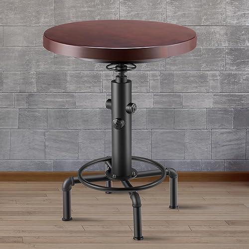 Dragosum Industrial Bar Table Adjustable Height Round Pub Table, Bistro Table Cocktail High Table with Wood Top and Metal Base for Dining Bistro Cafe Home Bar