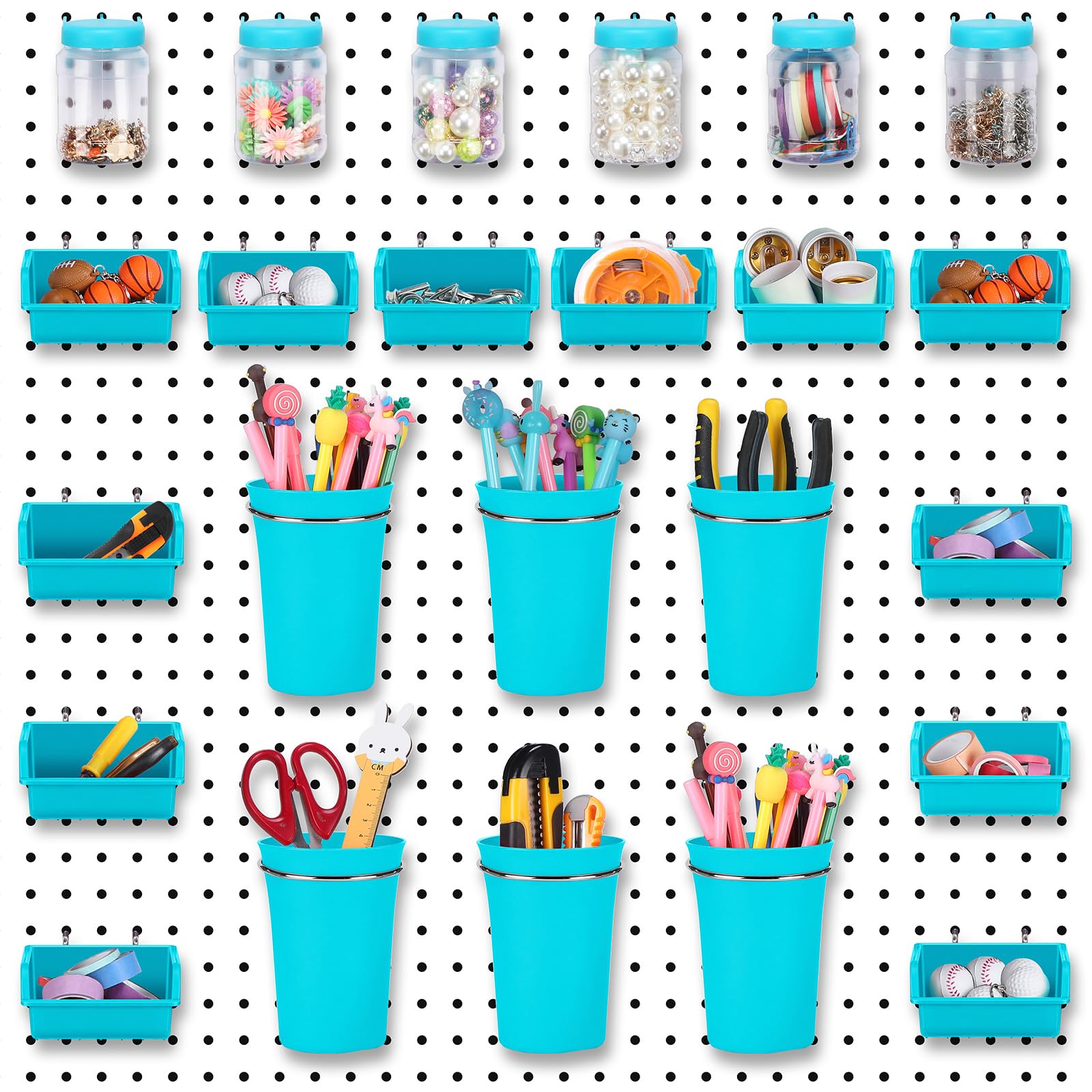 Suzile24 Pcs Pegboard Accessories Set Include 12 Blue Pegboard Storage Basket with Hooks 6 Pegboard Cups with Ring Style Hooks and 6 Pegboard Jars with Lid for Garage Craft Workbench Organizer Room