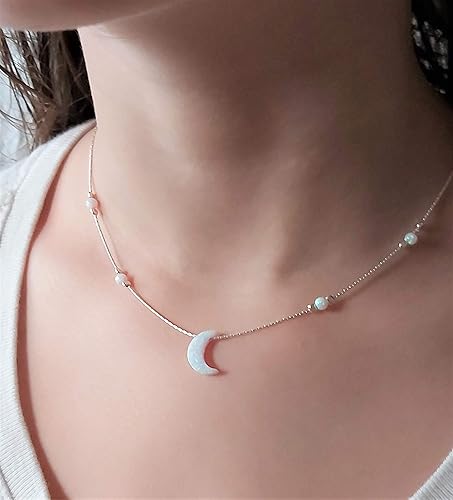 Miniatura 5 de Collar de luna de ópalo blanco, gargantilla de luna creciente, delicada cadena de caja de longitud de 16 + 2 pulgadas, regalo para niñas y mujeres
