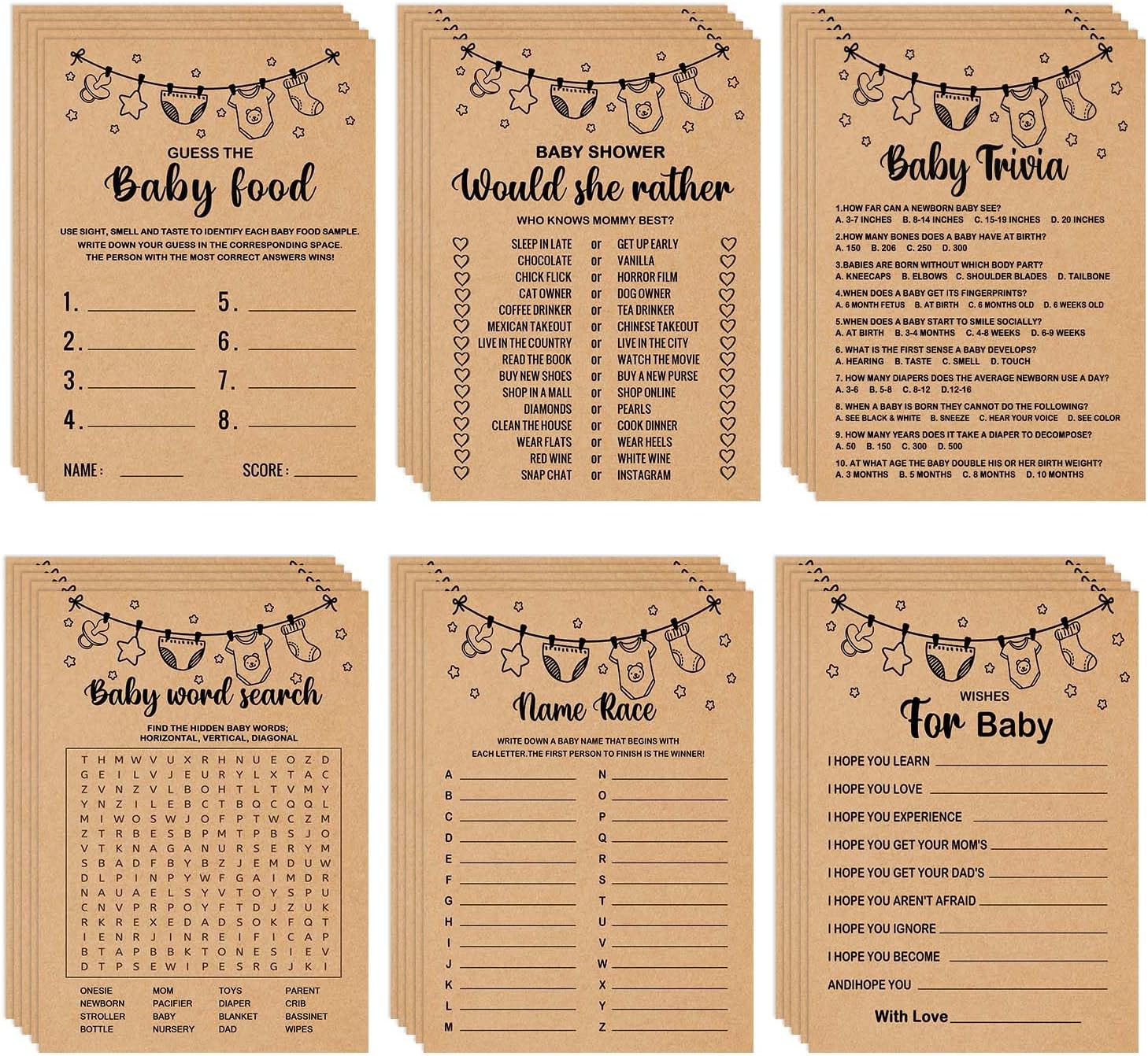Baby Shower Games Bundle for 50 Guests, Stacking Games, Adults, 150 Game Cards & 1 Answer Card