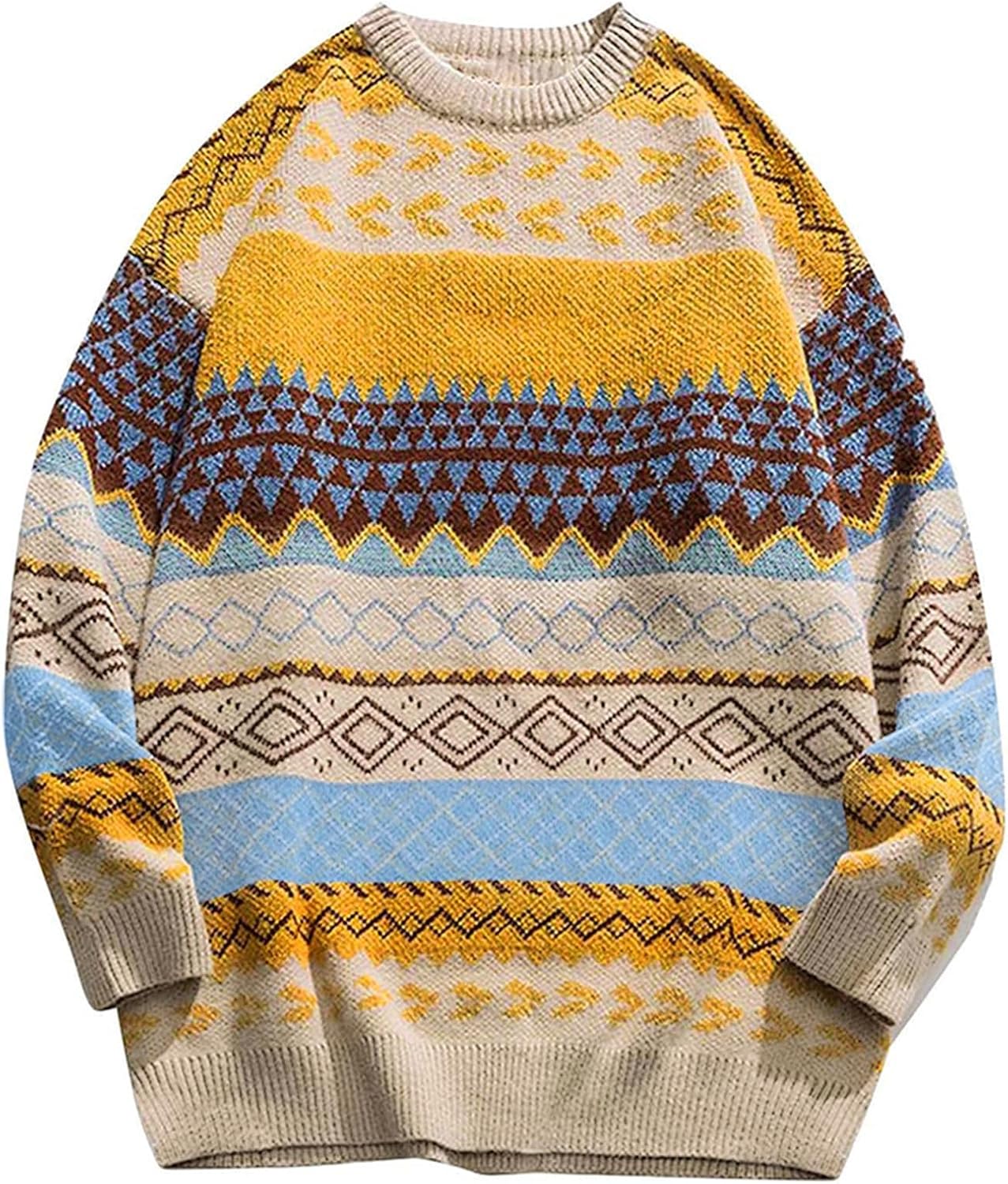 Flygo Men's Vintage Grandpa Sweater Crewneck Oversized Striped Aztec Cable Knit Pullover Unisex Jumper Tops