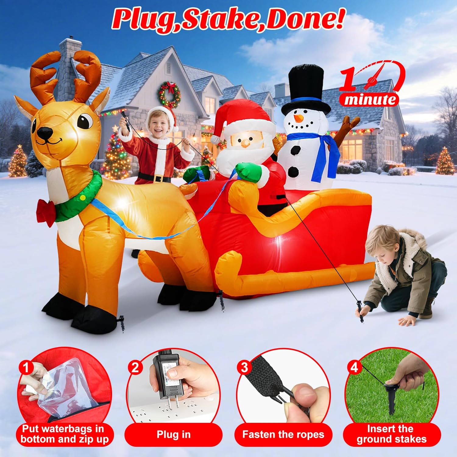 MICOCAH 6.6FT Long Christmas Inflatables Santa Claus on Sleigh with Snowman & Reindeer Outdoor Decorations, Giant Xmas Blow Up Yard Decor Build in LEDs & Tethers Stakes for Holiday Indoor Patio Lawn