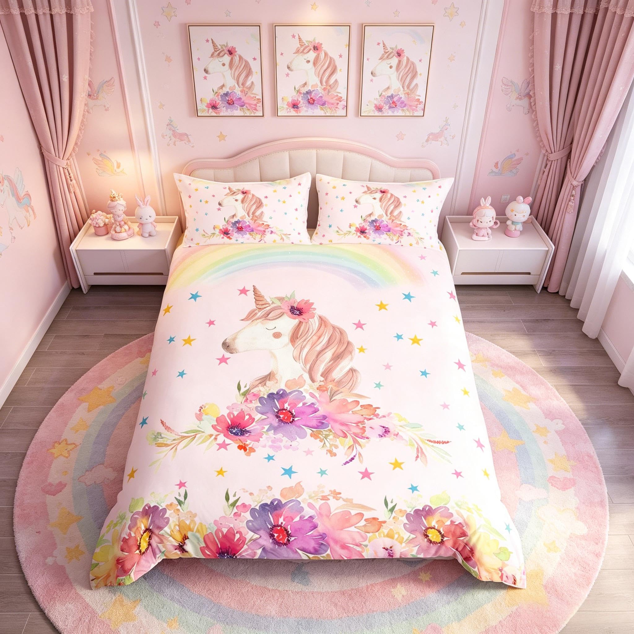 Loussiesd Girls Unicorn Bedding Set Cot Dreamy Horse Stars Duvet Cover Set Microfiber Kids Boys Teens Rainbow Magical Animal Bedclothes Fantasy Unicorn Decor Pink — image 1