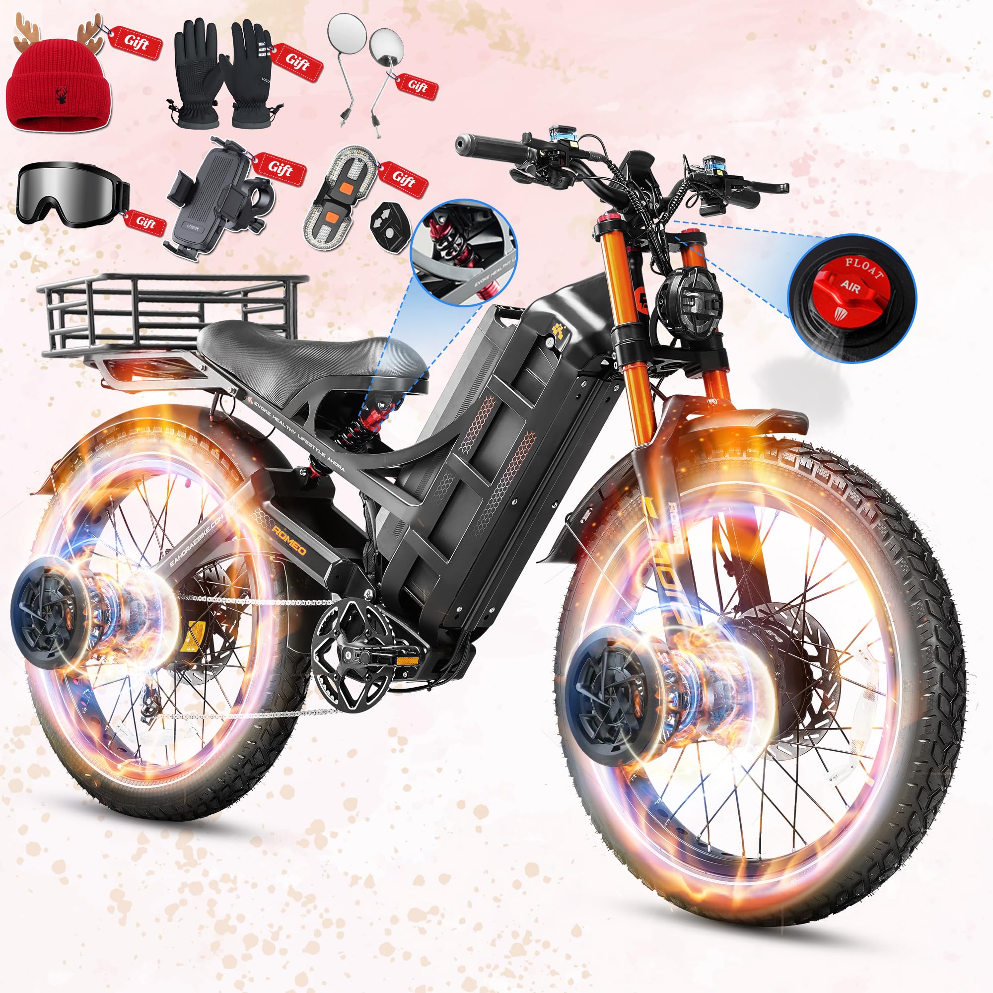 eAhora 2025 Romeo Pro 3/2 50-46Mph Electric Bike for Adults 5600W/4000W/2500W Dual Motor Ebike 60V/80Ah 52V/70Ah Long Range Fat Tire Full Suspension Electric Mountain Bicycle