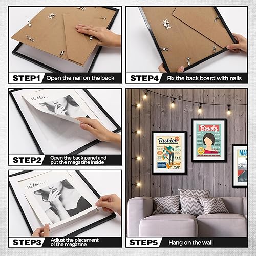 Miniatura 4 de Geetery 8 marcos de plástico para revistas para pared, para revistas de 8.5 x 11.25 pulgadas, con ganchos instalados y paspartú para decoración del