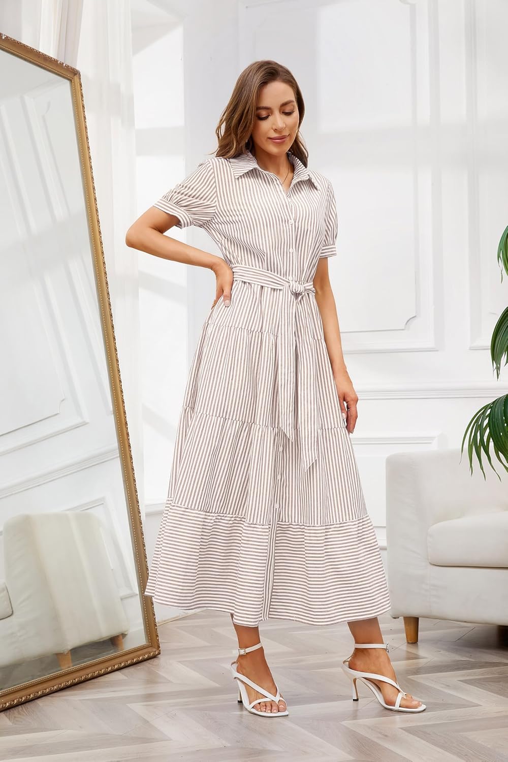 utcoco Womens Casual Short Sleeve Button Down Tie Waist Ruffled Striped Maxi Shirt Dress - Image 4