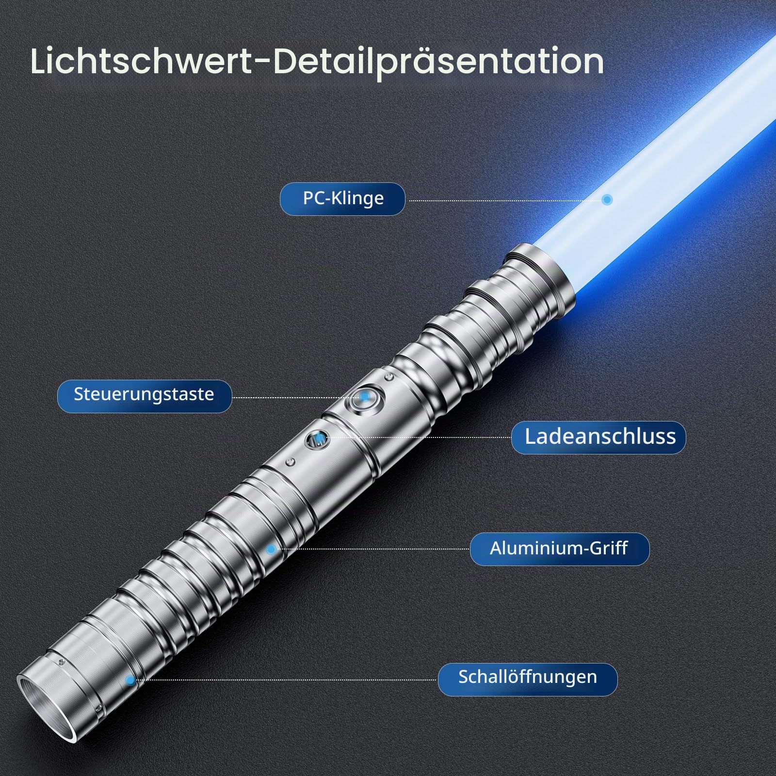 Lichtschwert 2er, Laserschwert für Kinder und Erwachsene 2-in-1 RGB 15 Farbe USB wiederaufladbares schwarzes Metallgriff Schwert, passend für Halloween Weihnachten Cosplay, Silber