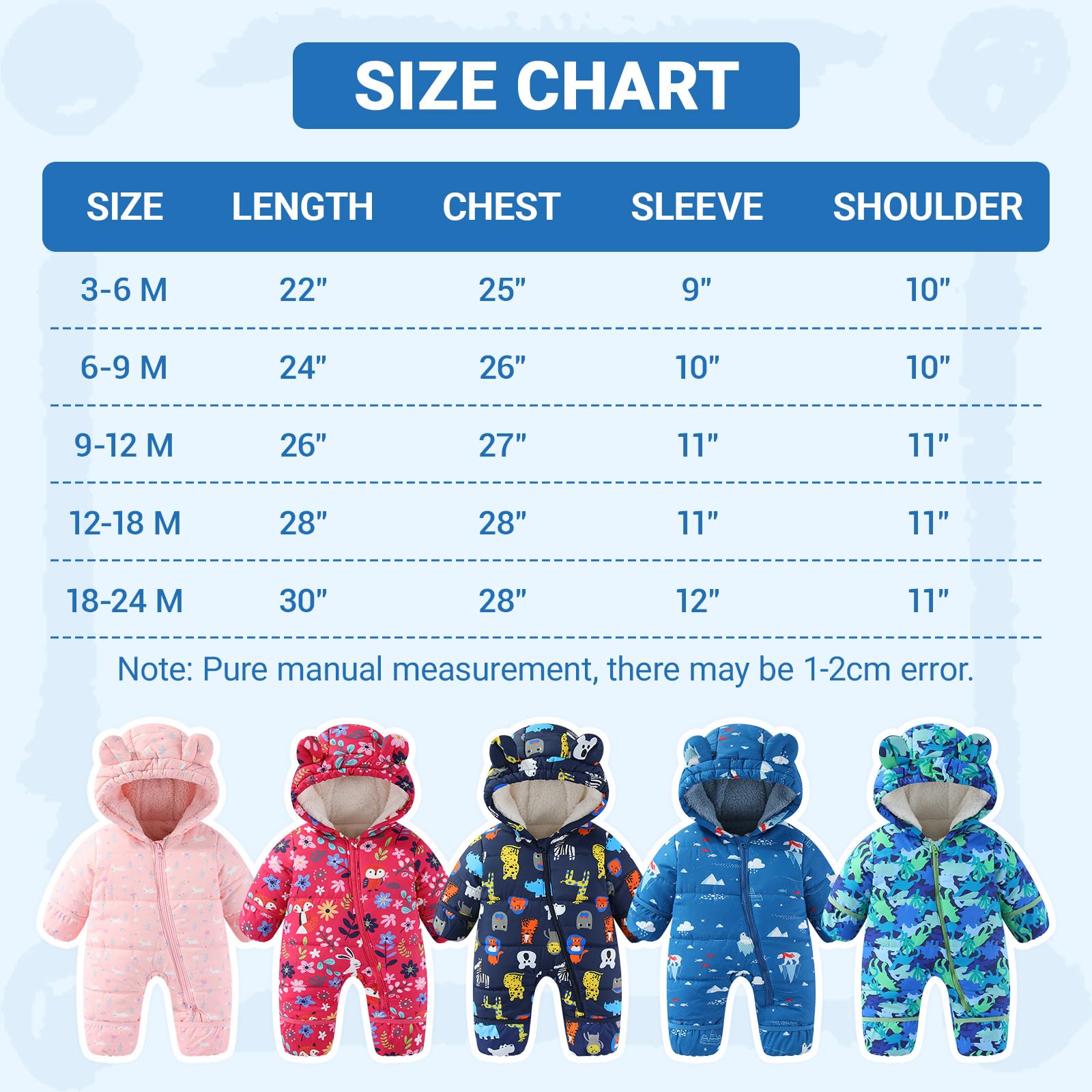 WYTbaby Combinaison de neige pour bébé - Chaude - Avec capuche - Combinaison épaisse - Pour garçons et filles de 3 à 24 mois