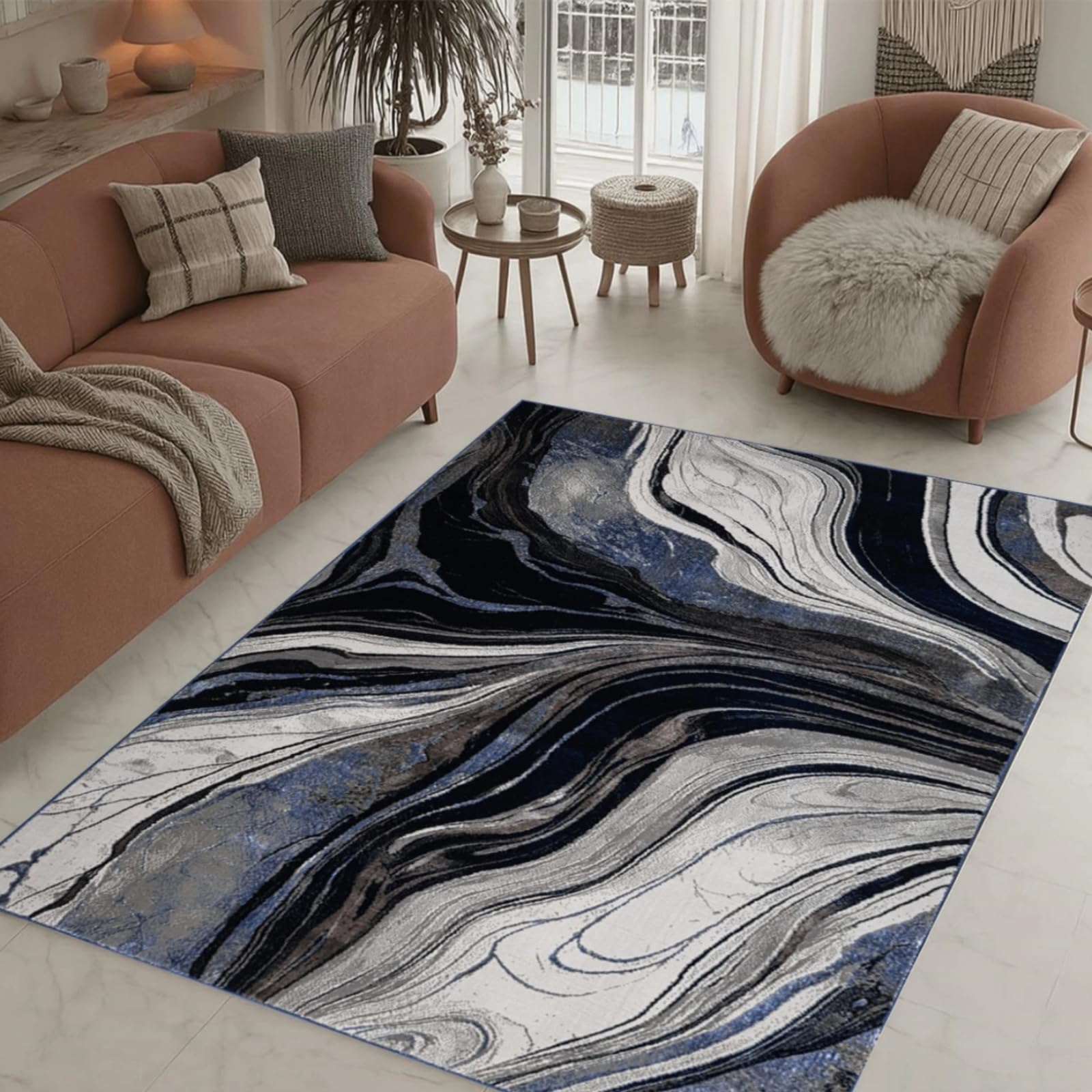Stylish Home London Modern Abstract Area Rug – Large Living Room Carpet & Non Slip Hallway Runner – Floor Mat for Bedroom, Kitchen & Home Décor (Blue, 240 x L 320 cm)
