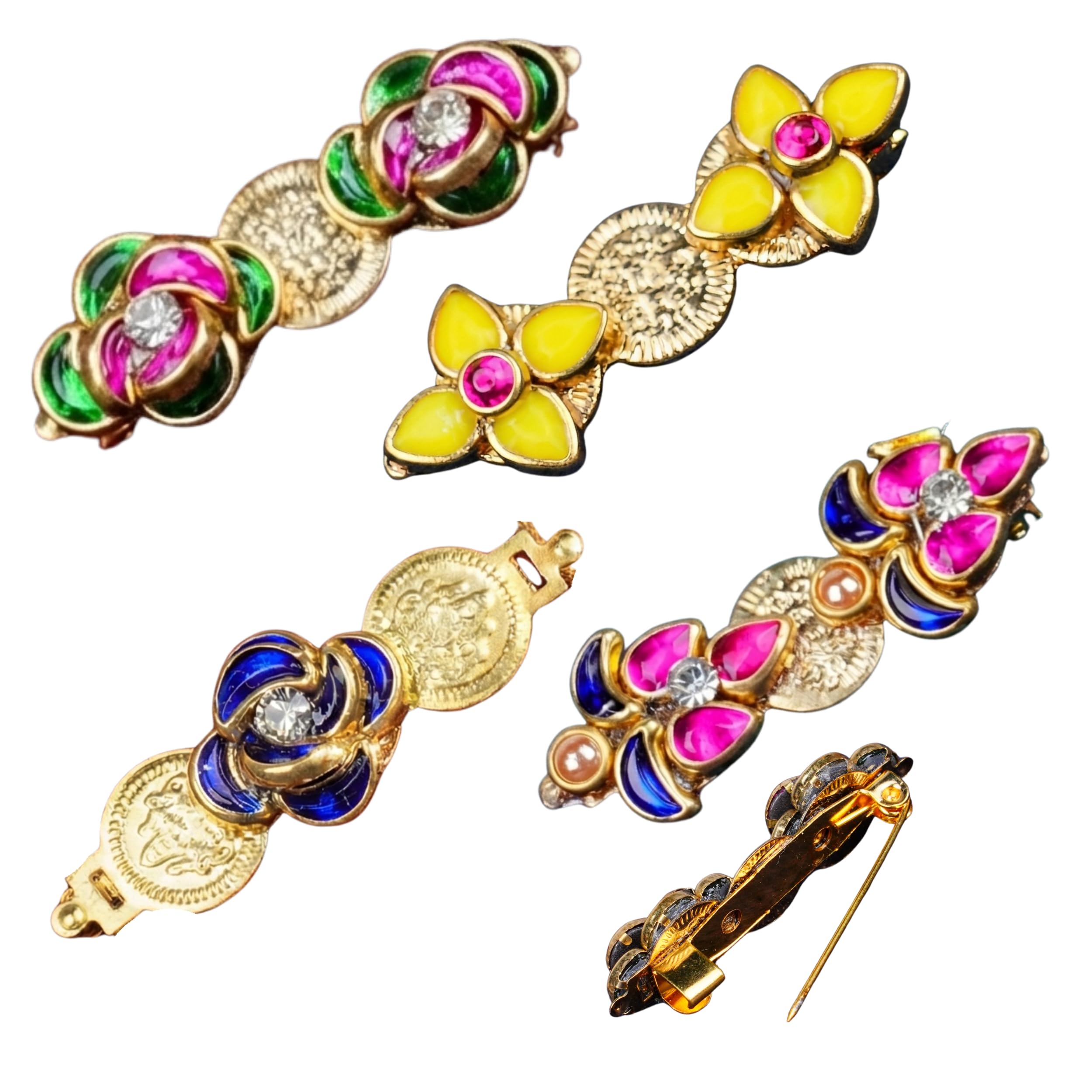 Brooch Pins Handcrafted Kundan Floral Accessories for Women Girls Gifts Strong Hold, Lightweight Fashion Vintage Brooch Pins Gold coin Rhinestone Brooches Luxurious And Eye-Catching Jewelry Gift (4 Pcs)(Multi Color)-image-7