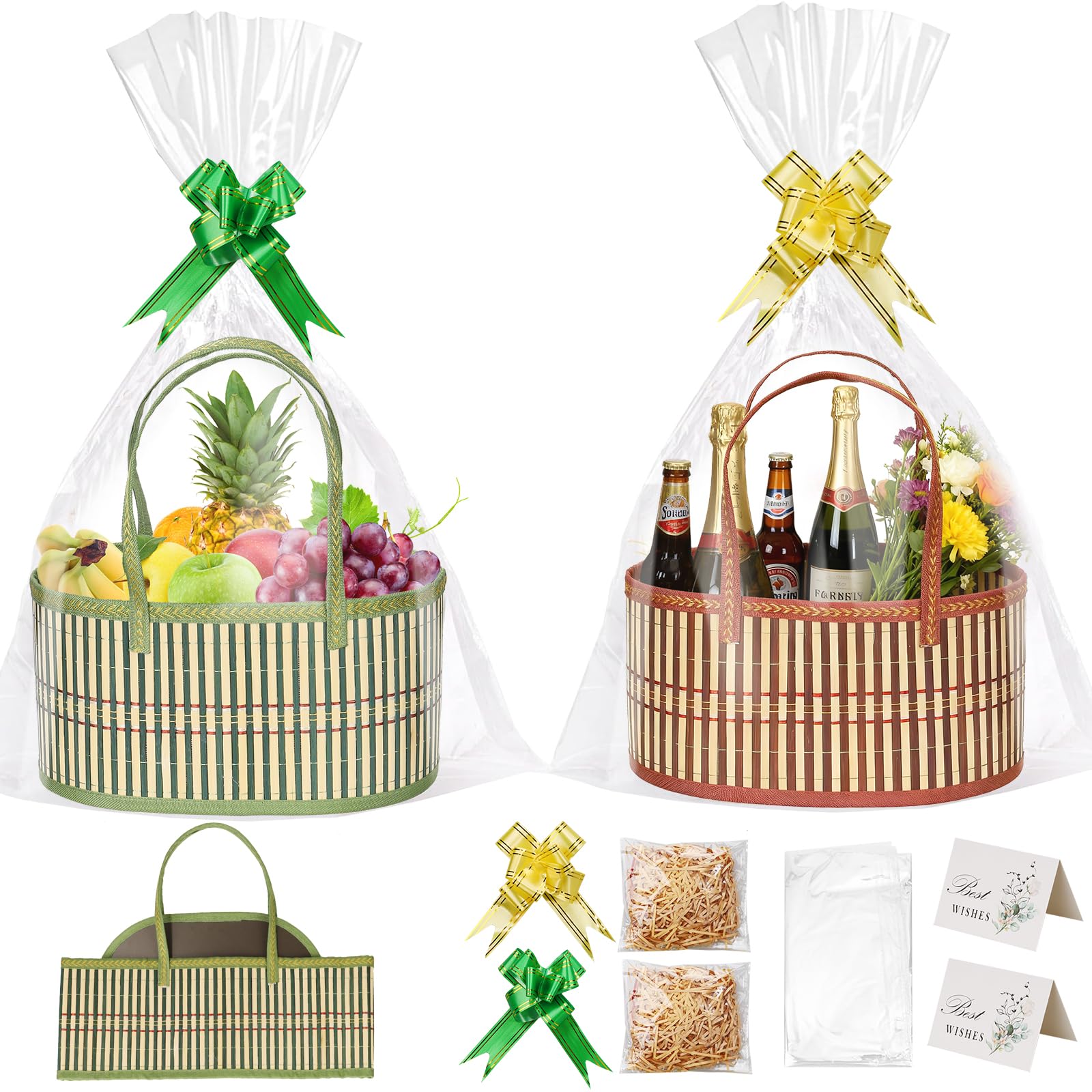 Gift Baskets Empty Hamper Basket 2 Color Gift Box DIY Gift Hamper Sets with 2 Bags,2 Bows,2 Greeting Card and Raffia Birthday Present,Easter, Christmas, Graduations, Wedding Thanksgiving Gift Kit