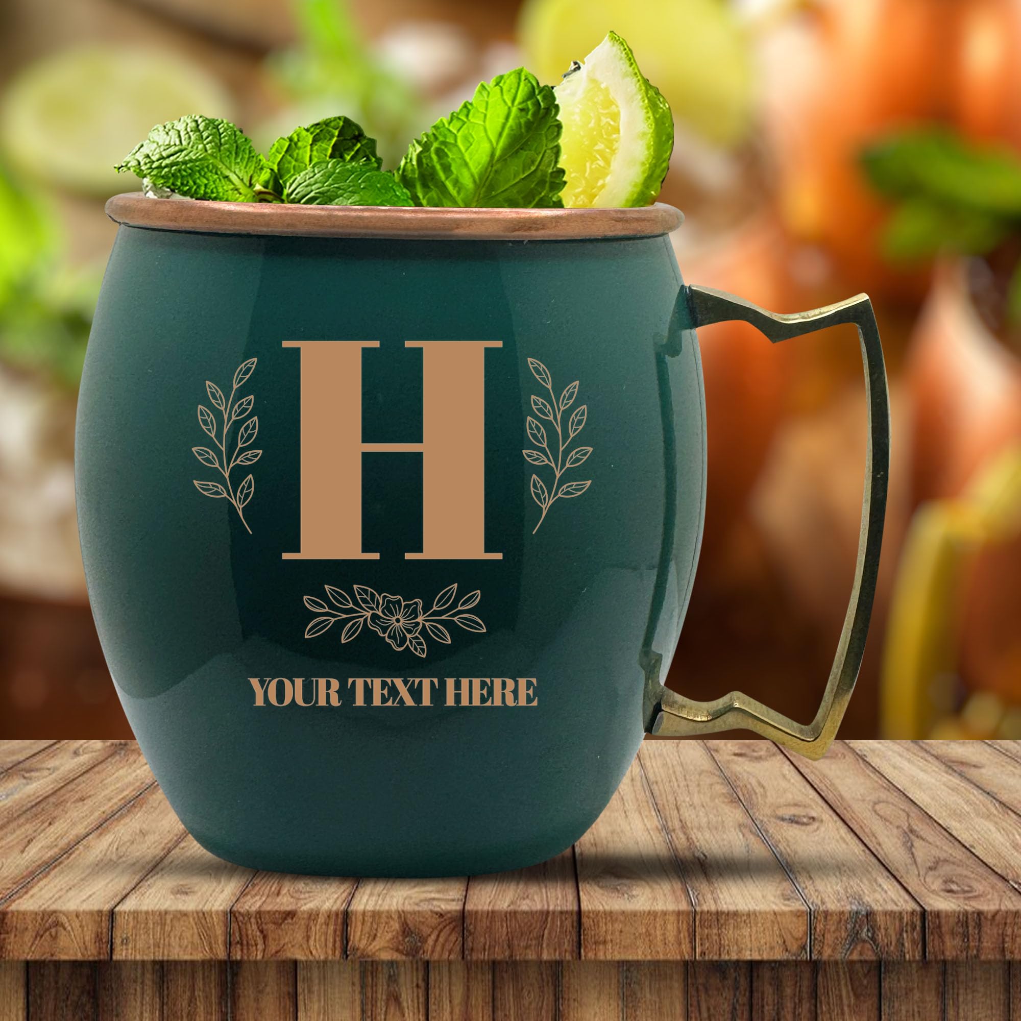 Custom Copper Moscow Mule with Smooth Painted Finish - Engraved Bar Style 100% Copper Cup with Personalized Bold Leaf Letter Monogram Themed Engraving, Brass Handle | 18 oz, Green | Set of 4