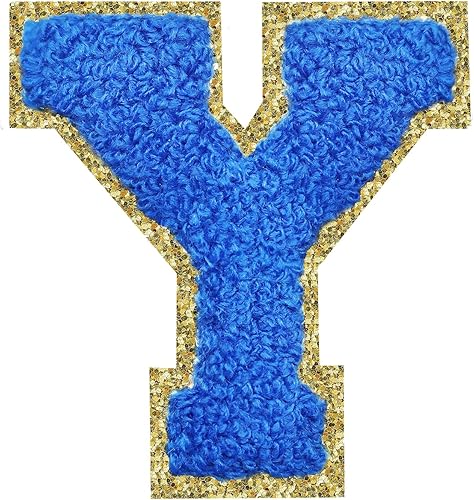 Miniatura 199 de Parches de letras termo-adhesivas de felpilla para chaquetas, parches de letras universitarias con brillantina para planchar en la letra azul A