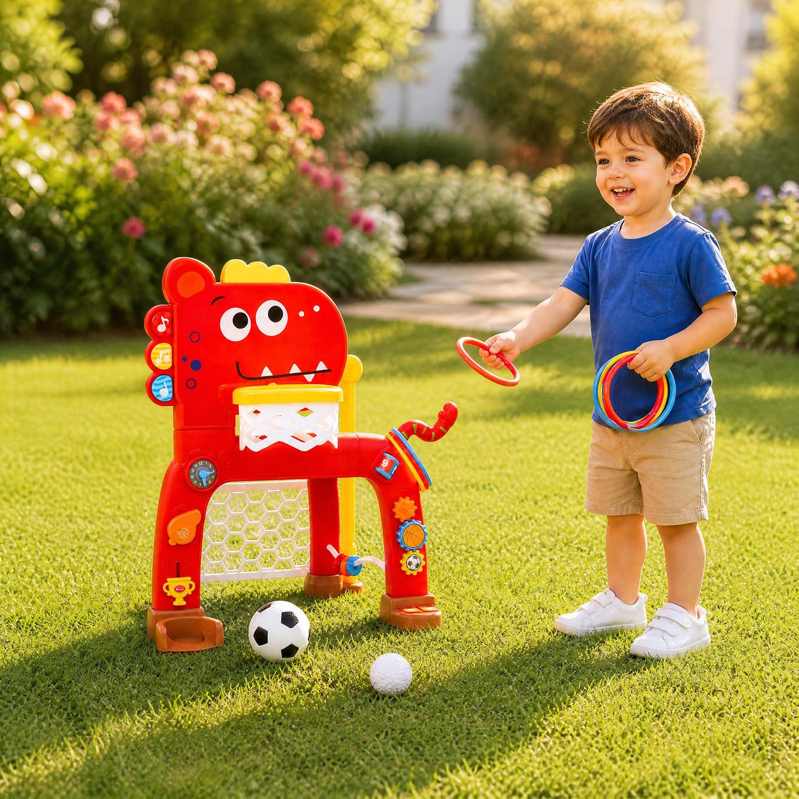 HOMASIS 4 en 1 Panier de Basket Enfant avec Football Golf Jeu Anneaux,Rouge