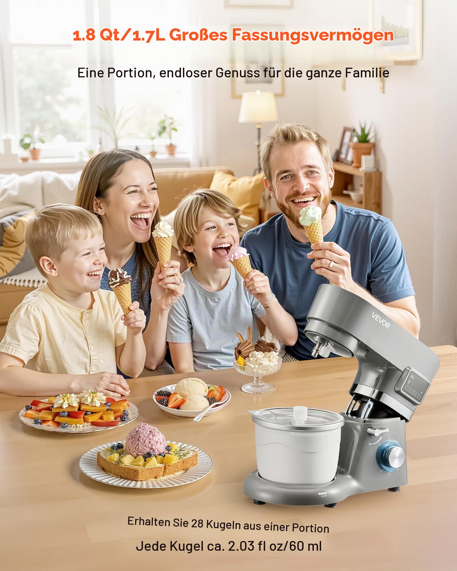VEVOR Eismaschine Eiscrememaschine 1,7 L Standmixer 6-Gang mit LED-Digitalanzeige & Timer & Rührpaddel & Knethaken & Spritzschutz, für DIY Gefrorener Joghurt, Frucht-Gelato Sorbet Grau 1400 W