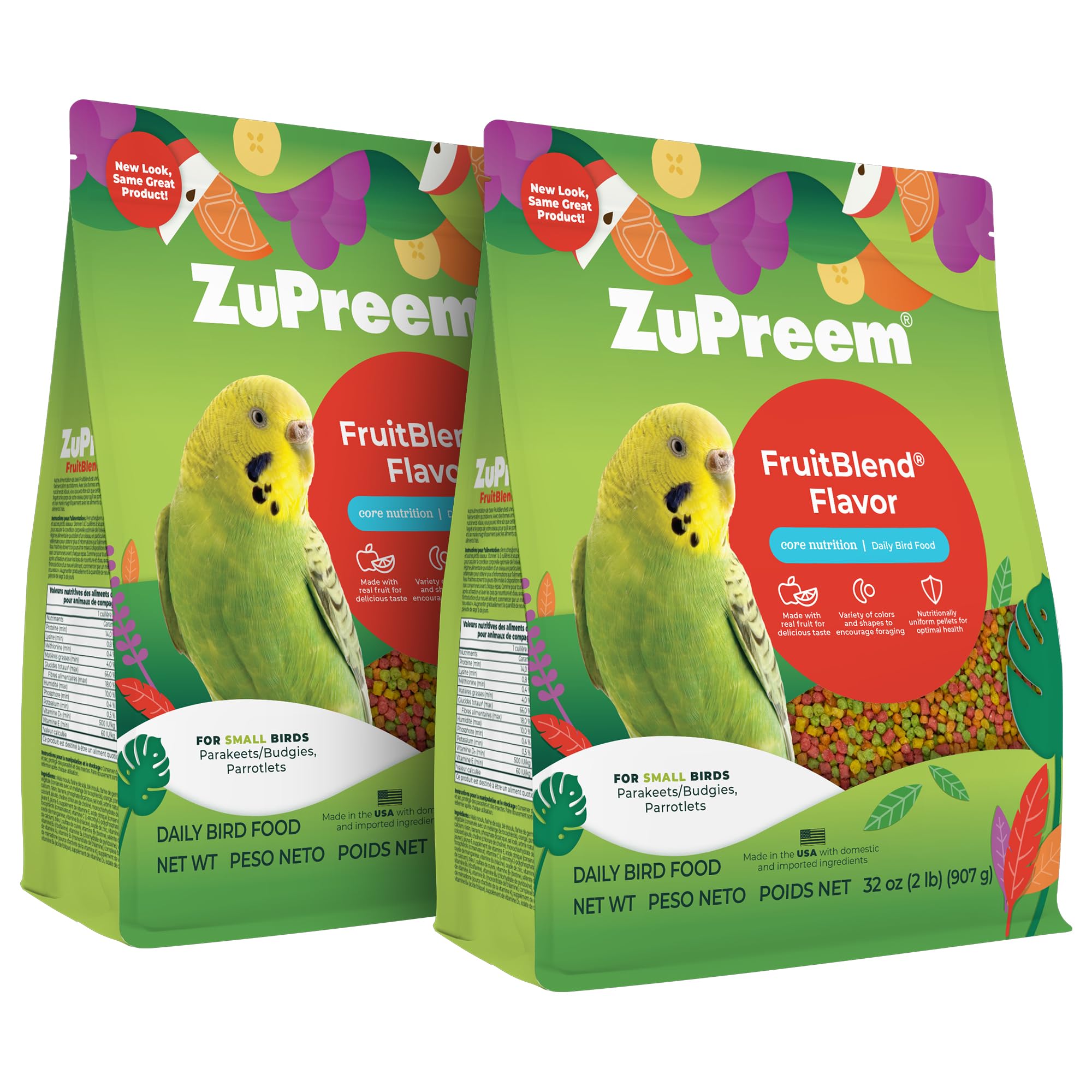 ZuPreemFruitBlend Flavor Pellets Bird Food for Small Birds, 2 lb (Pack of 2) - Daily Blend Made in USA for Parakeets, Budgies, Parrotlets