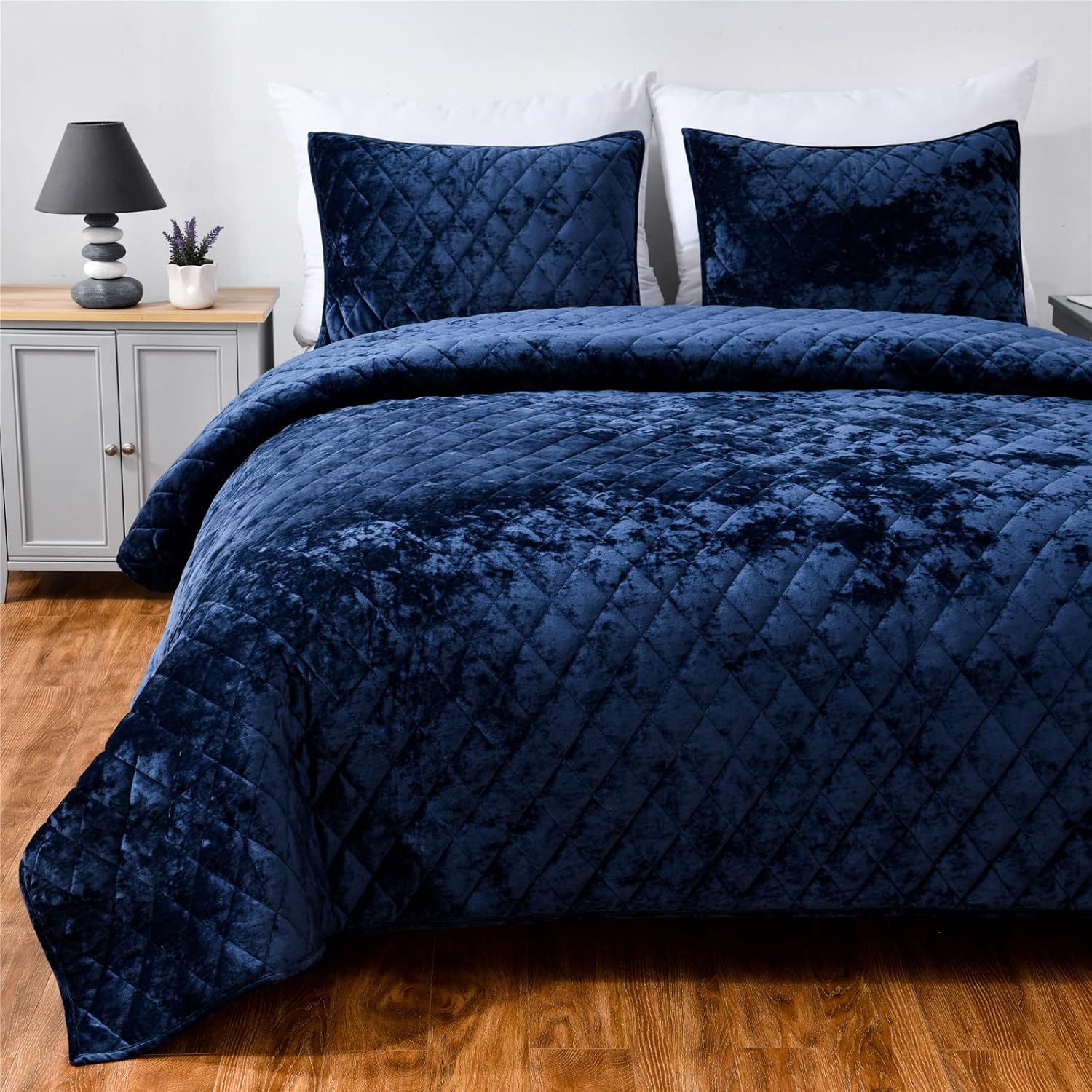 Fredsure Distressed Velvet Quilt Set, 3 Pieces Navy King, Distressed Velvet Face and Brushed Microfiber Reverse with Diamond Quilting - Image 2