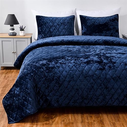 Miniatura 2 de Juego de edredón de terciopelo envejecido, 3 piezas azul marino, tamaño Queen, cara de terciopelo envejecido y reverso de microfibra cepillada con