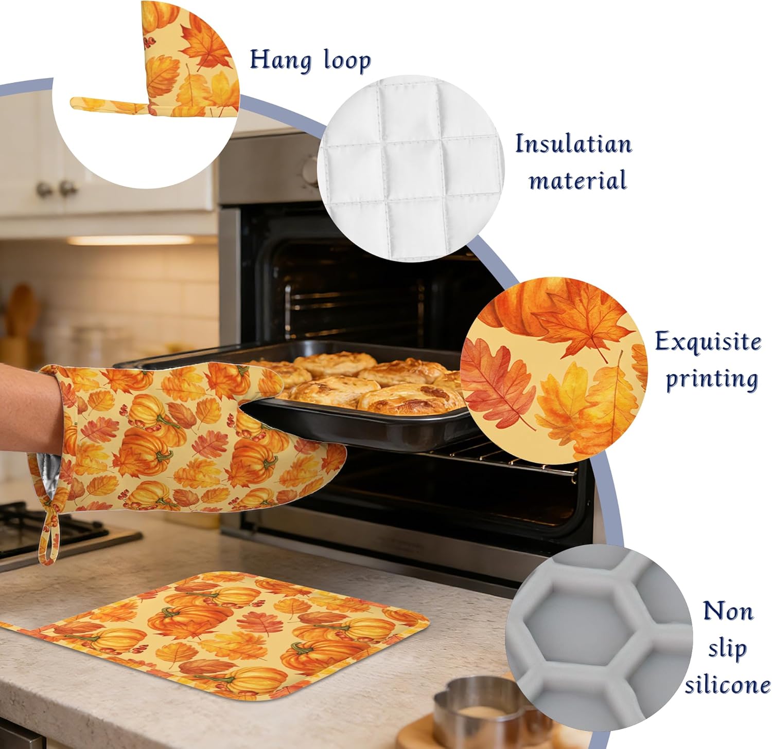 Fall Pumpkin Oven Mitts and Pot Holders Autumn Maple Leaves Silicone Kitchen Accessories Set of 4 Heat Resistant Non-Slip Long Gloves Potholder for Chef Cooking Baking Gifts Women Men