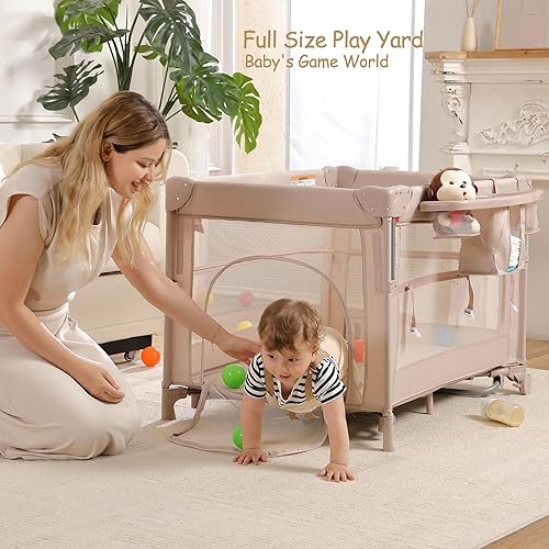 Miniatura 3 de Corral 5 en 1 Pack and Play, Moisés Portátil de Viaje para Bebé, Corral de Juegos Plegable de Viaje para Niños Pequeños, Cuna Lateral, Mesa Oro
