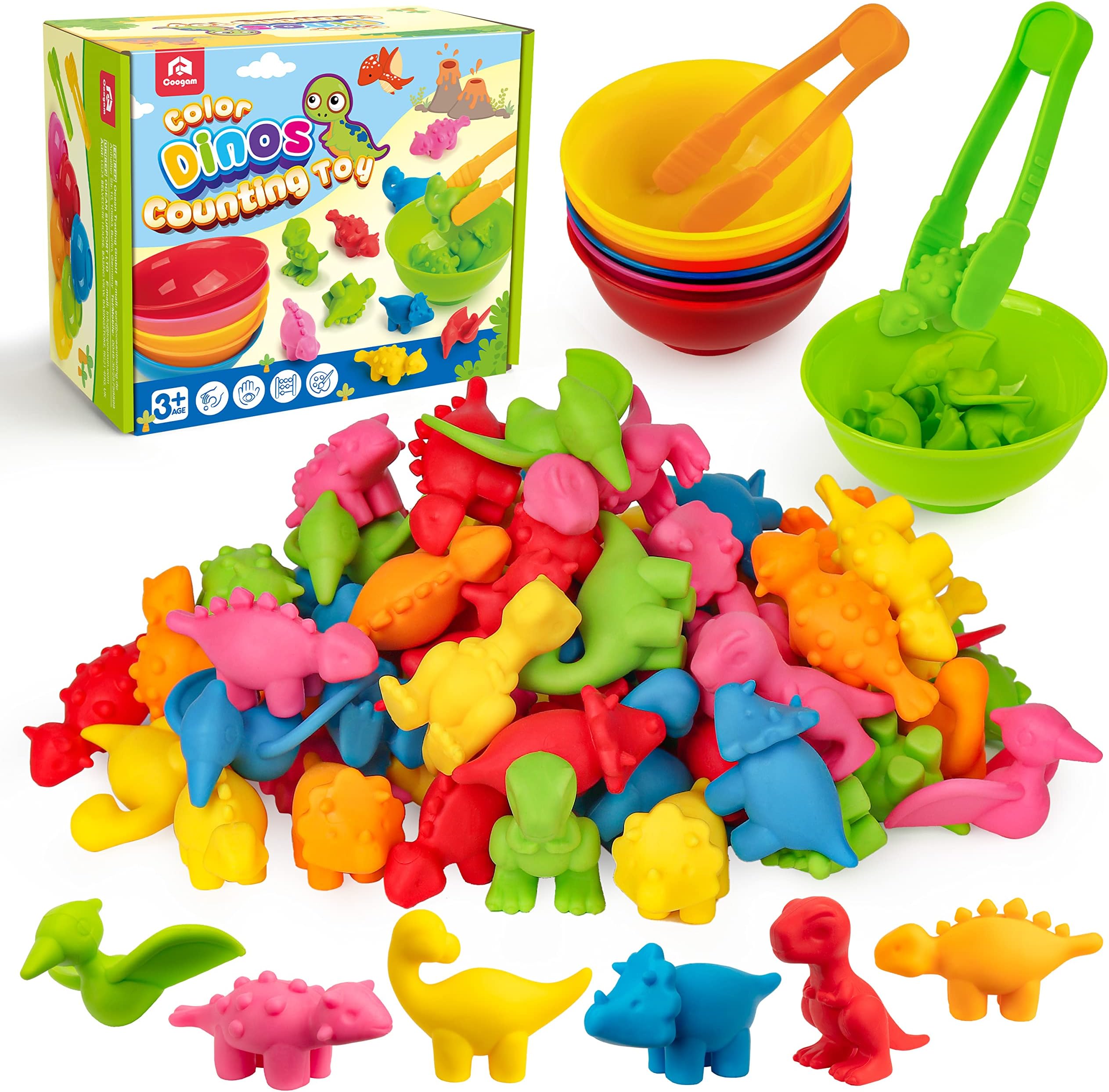 Coogam Counting Dinosaur Sorting Toy Set, Color Matching Classification Game, Montessori Fine Motor Skill Preschool Educational Learning Toys for 3 4 5 Years Old