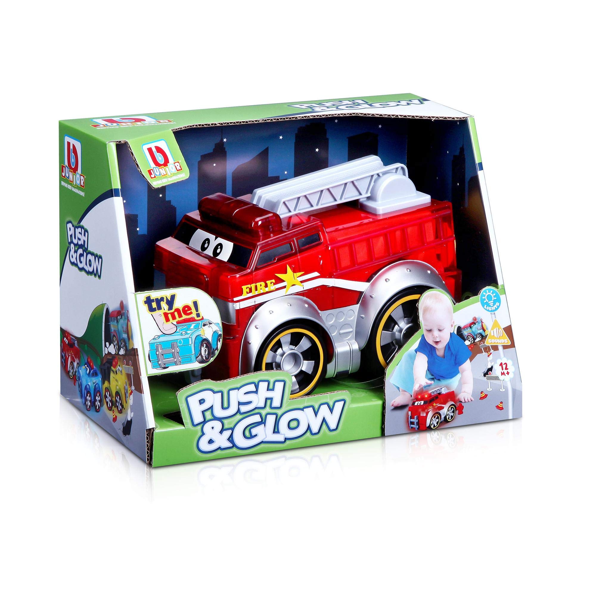 BburagoB16-89006 BB Junior Push & Glow FIRE Truck Light Up Preschool Toy Vehicle, Multiple Colours